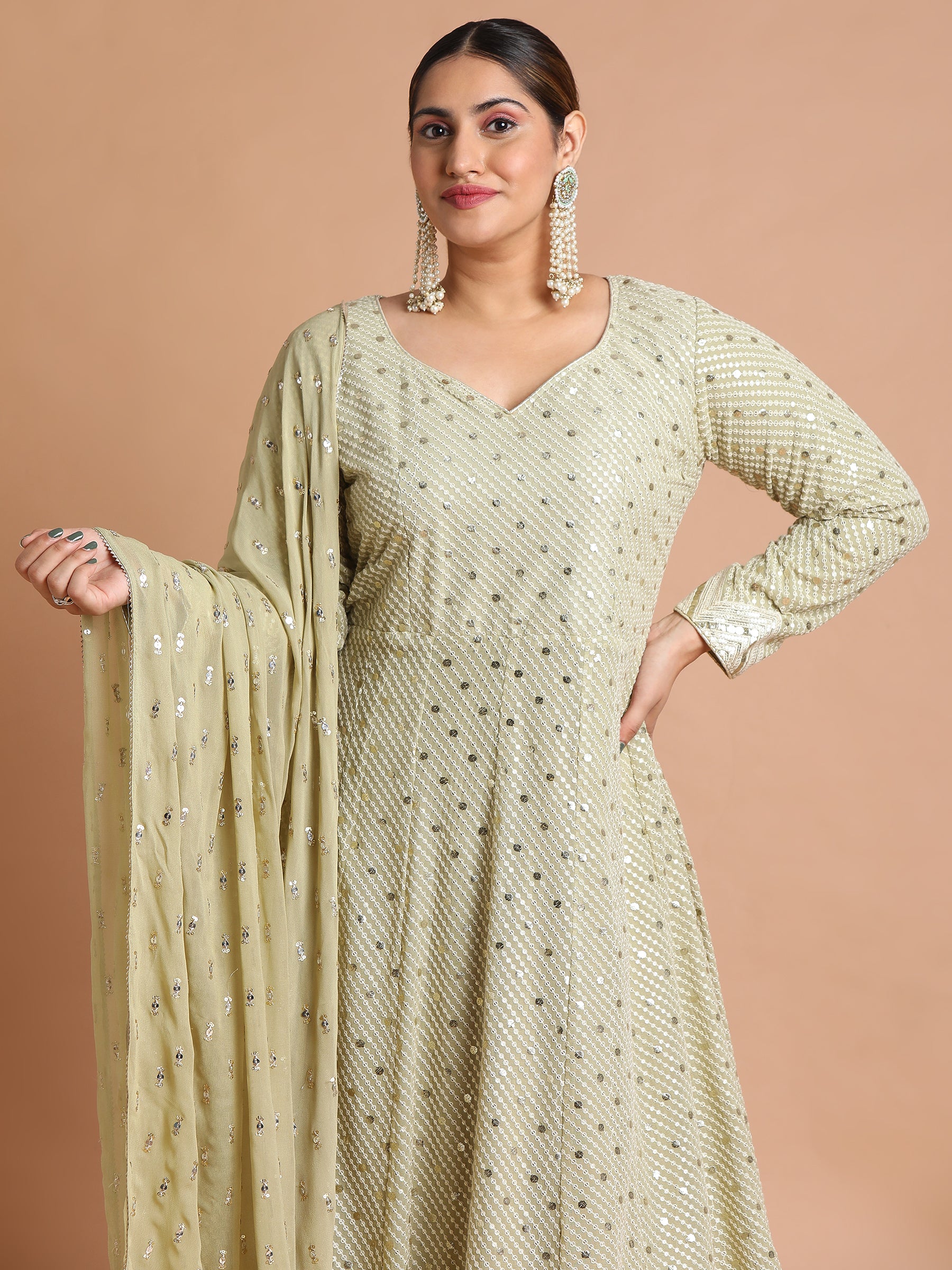 Light olive green sequin embroidered gown and dupatta