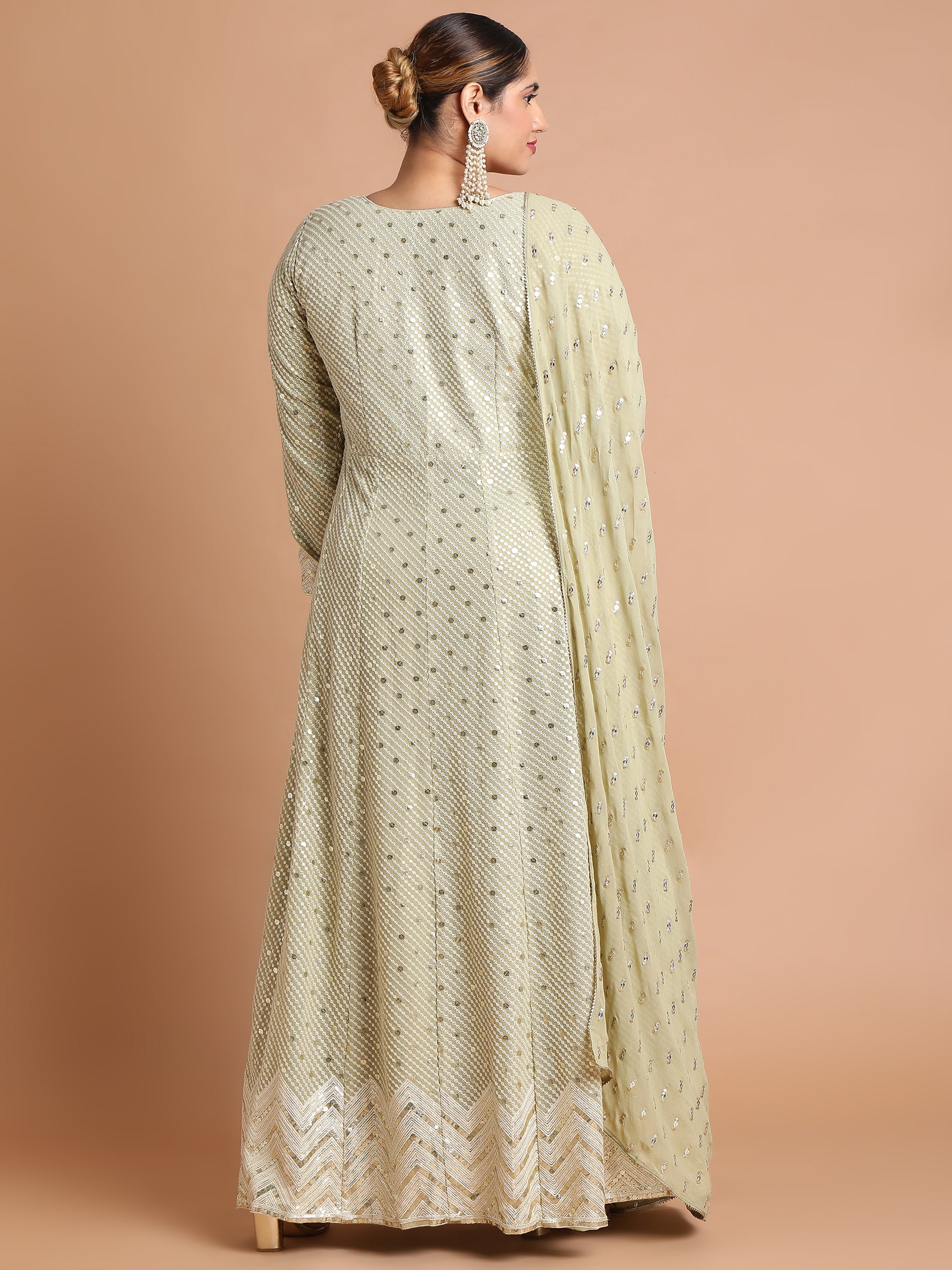 Light olive green sequin embroidered gown and dupatta