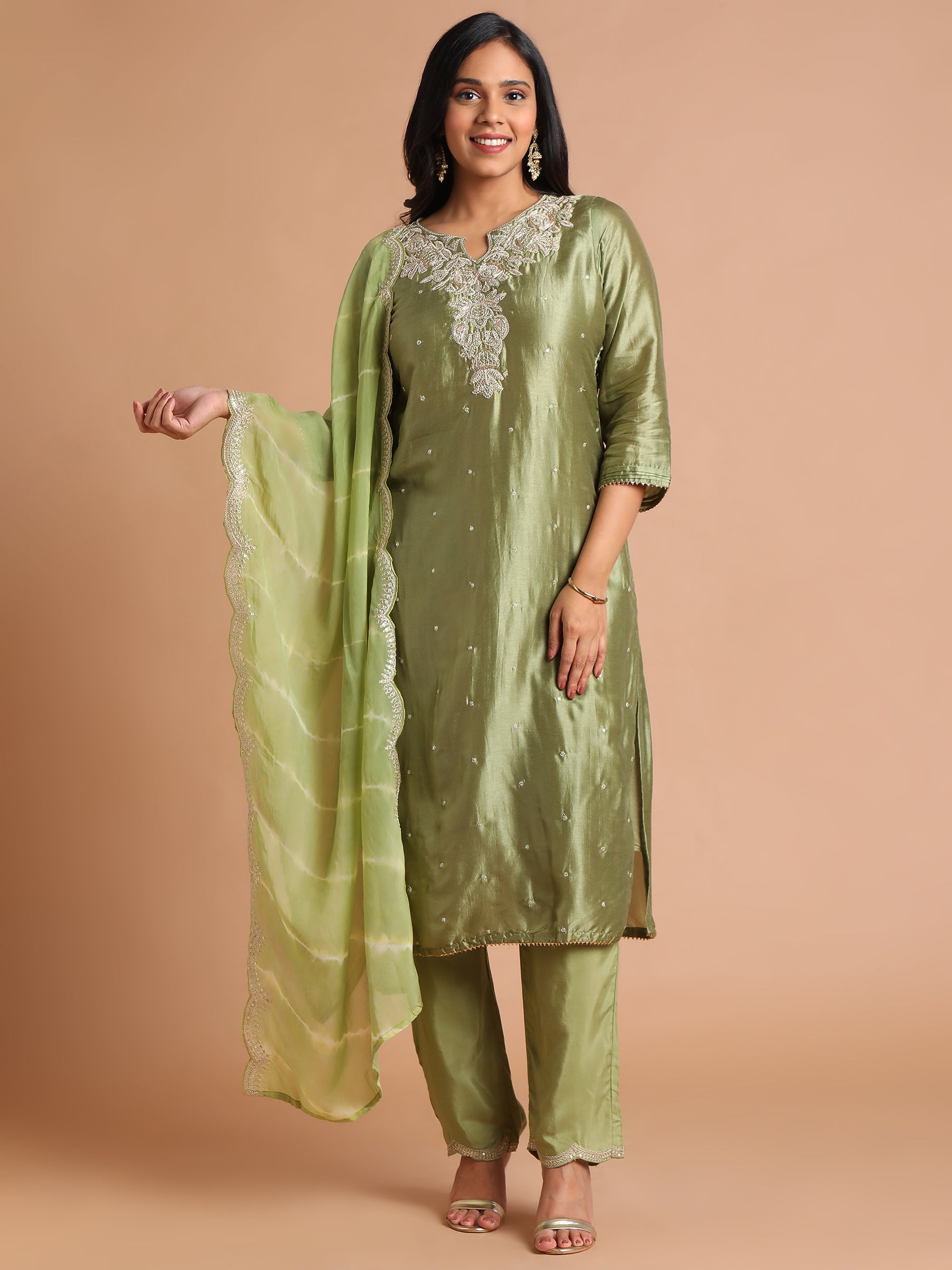 Olive green embroidered kurta set with tie dye scallop dupatta