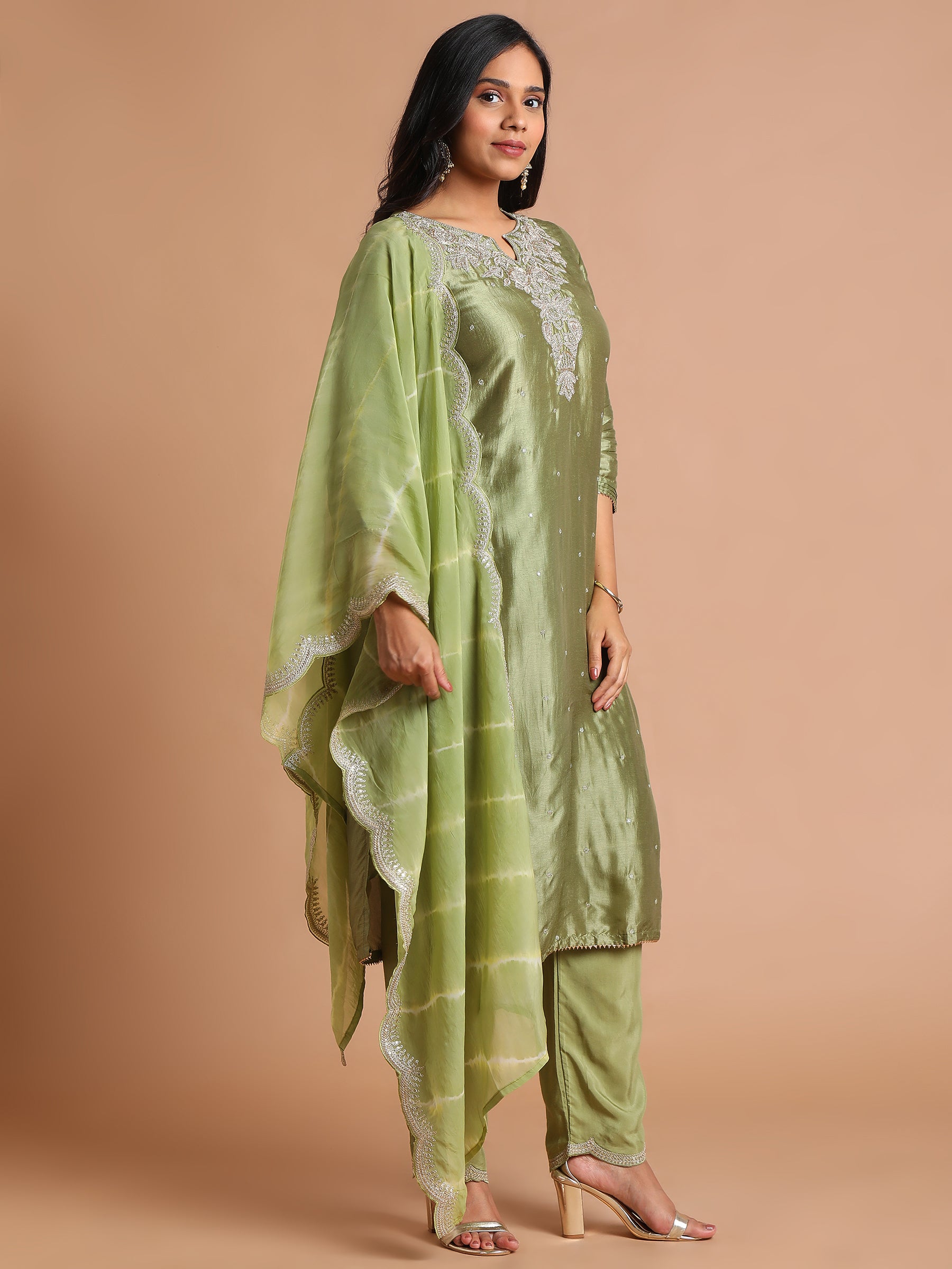 Olive green embroidered kurta set with tie dye scallop dupatta