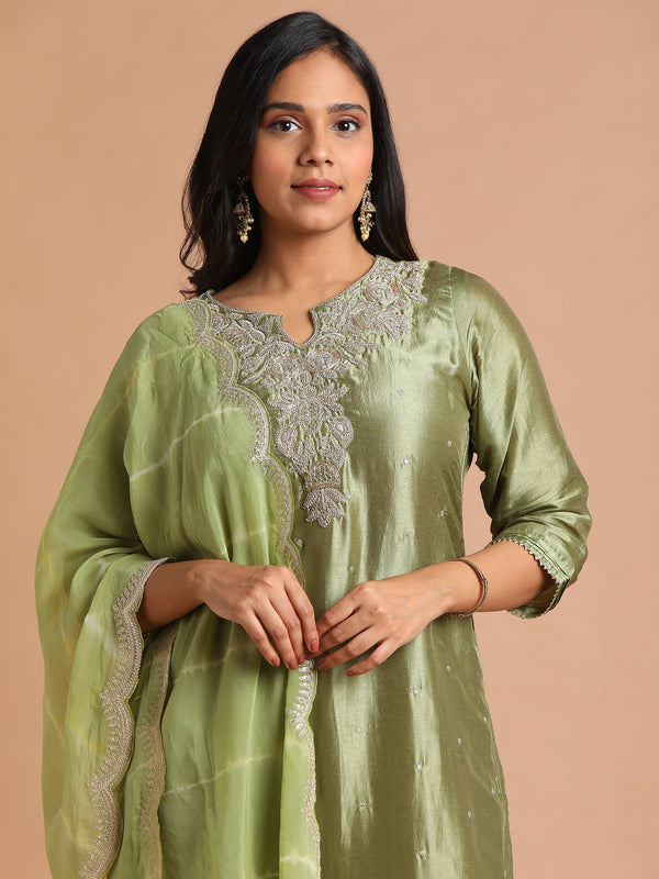 Olive green embroidered kurta set with tie dye scallop dupatta