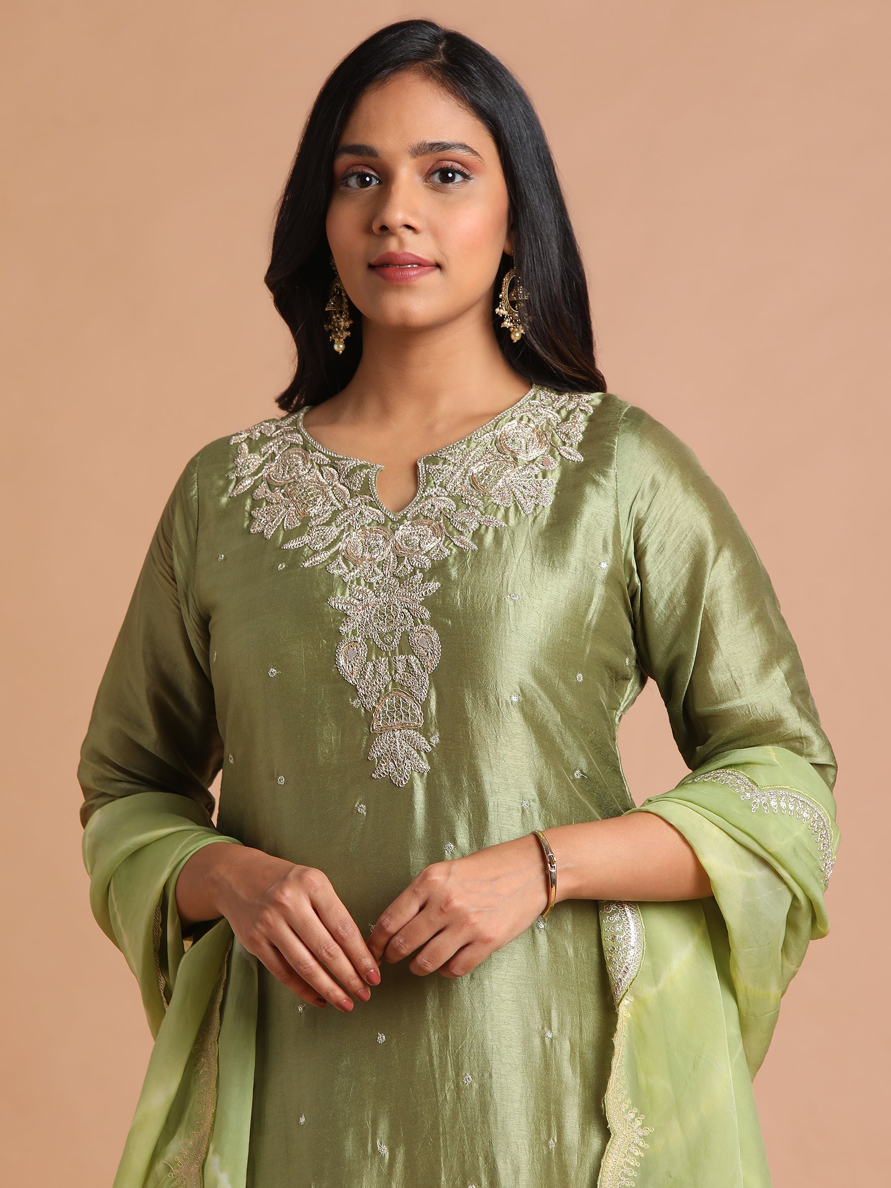 Olive green embroidered kurta set with tie dye scallop dupatta