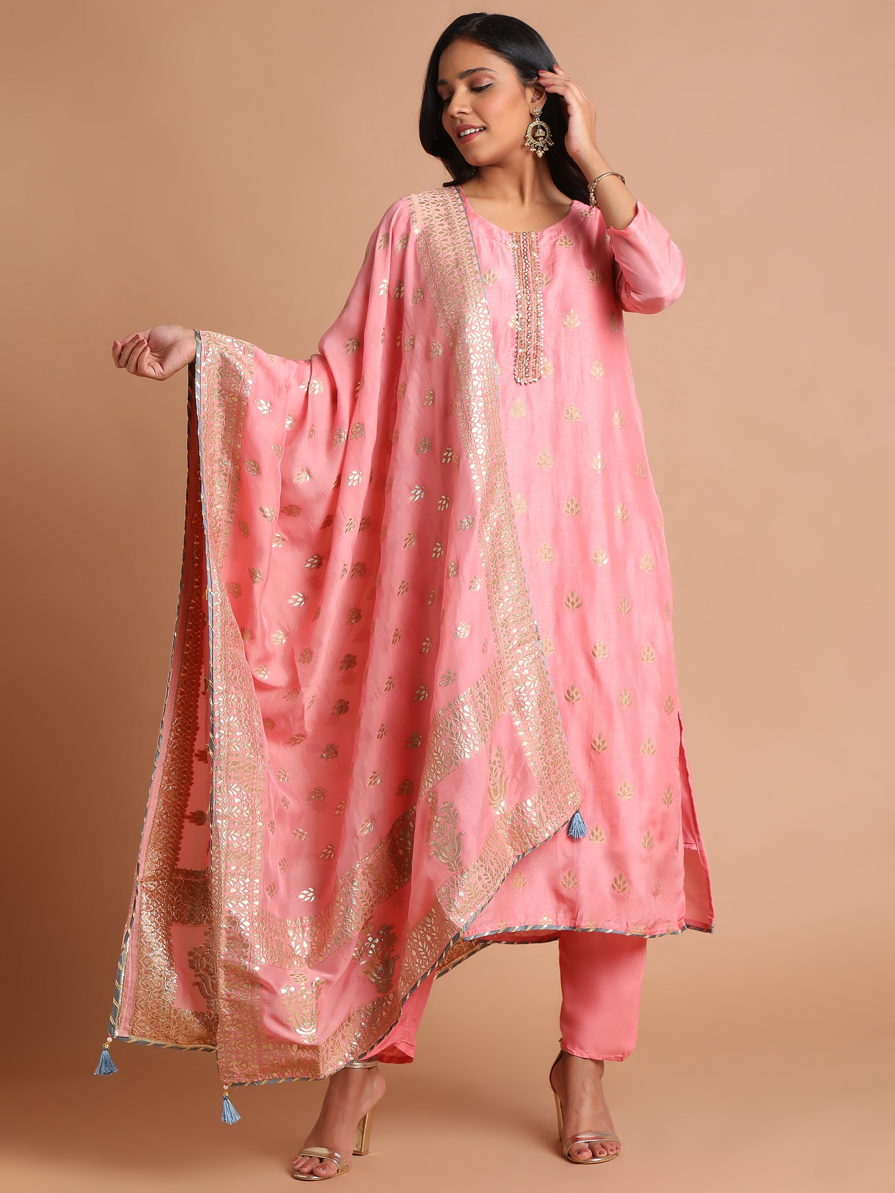 Blush pink with gold woven kurta set