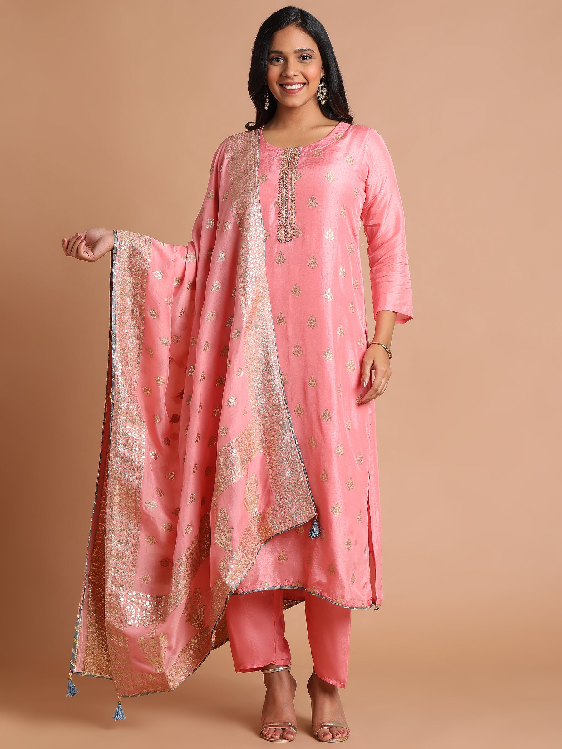 Blush pink with gold woven kurta set