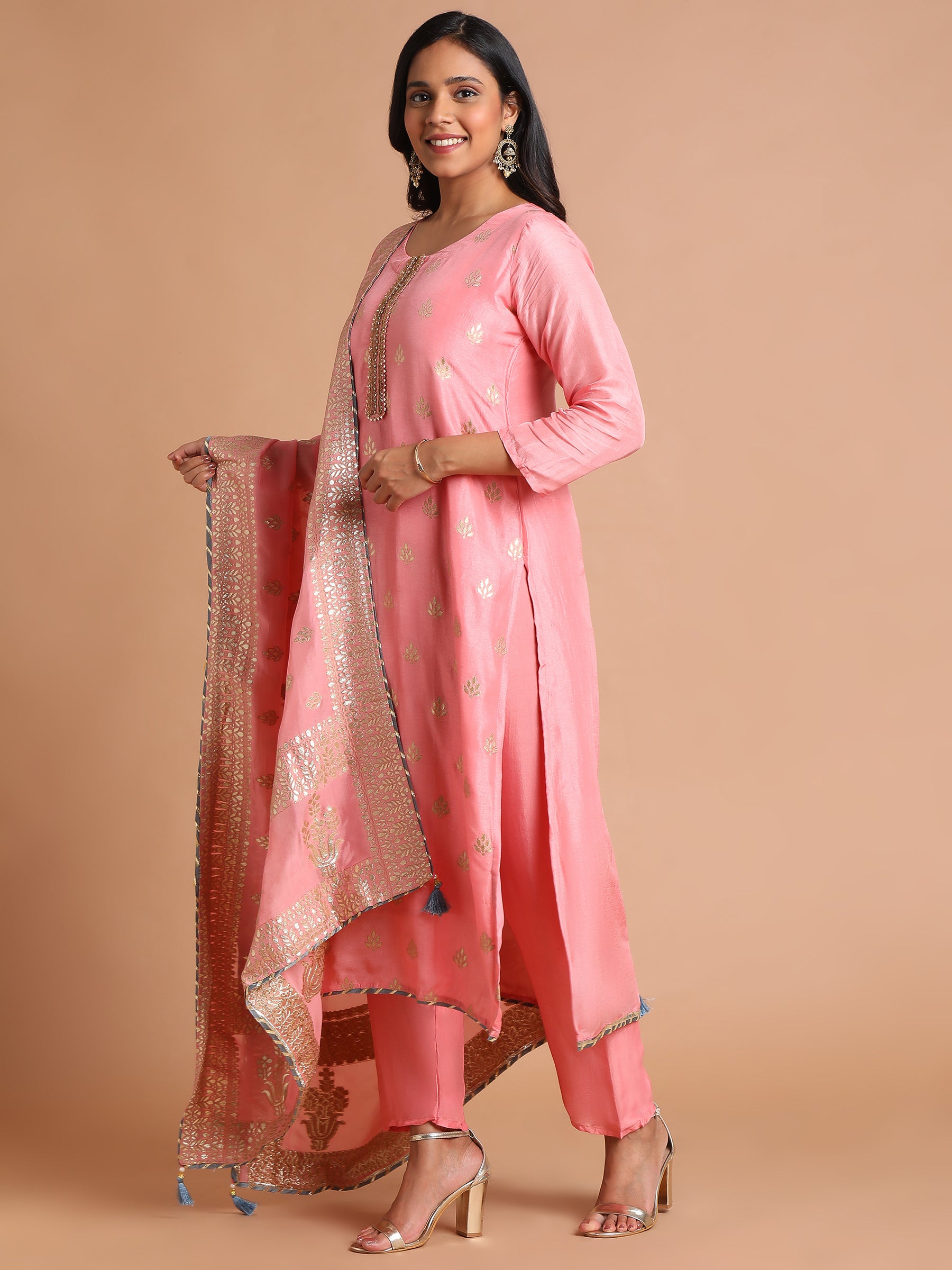 Blush pink with gold woven kurta set