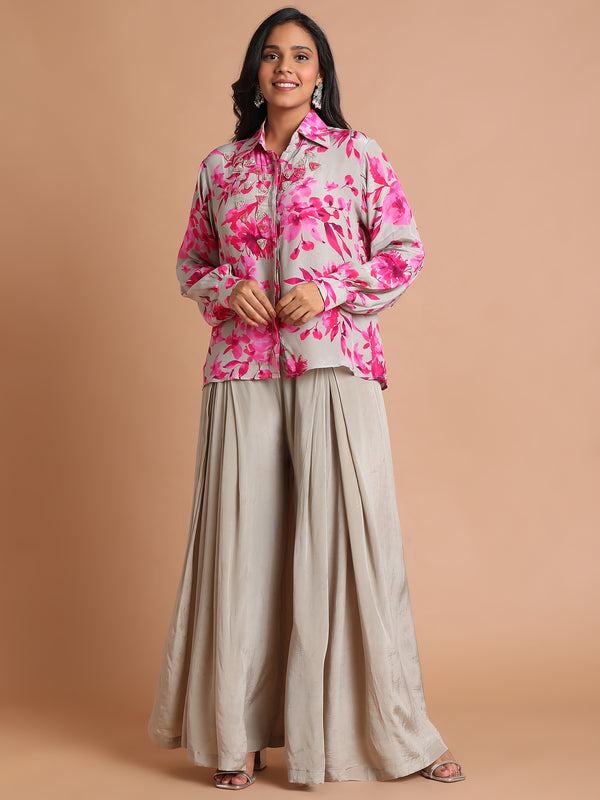 Grey and pink embroidered floral shirt with palazzo pants