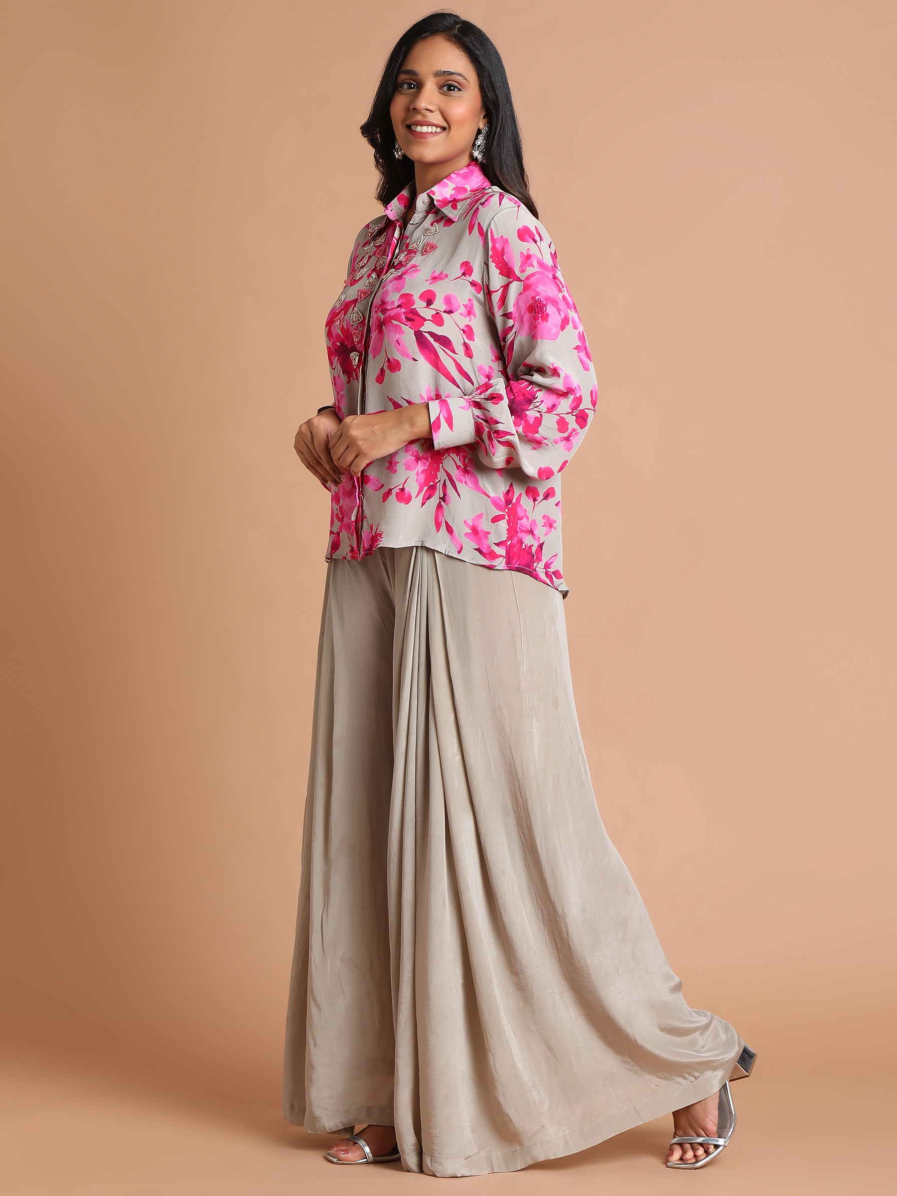 Grey and pink embroidered floral shirt with palazzo pants