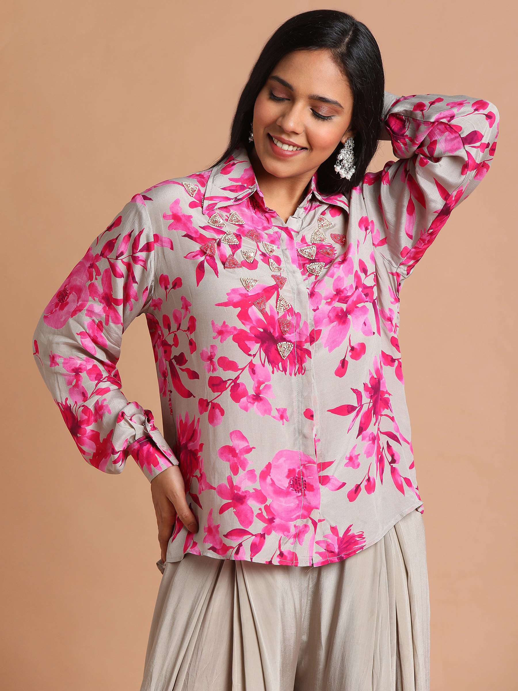 Grey and pink embroidered floral shirt with palazzo pants