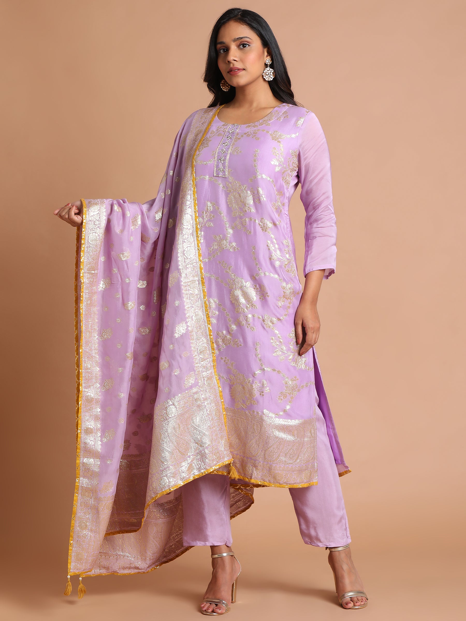 Lilac with gold woven kurta set