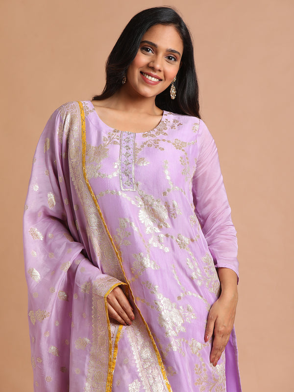 Lilac with gold woven kurta set