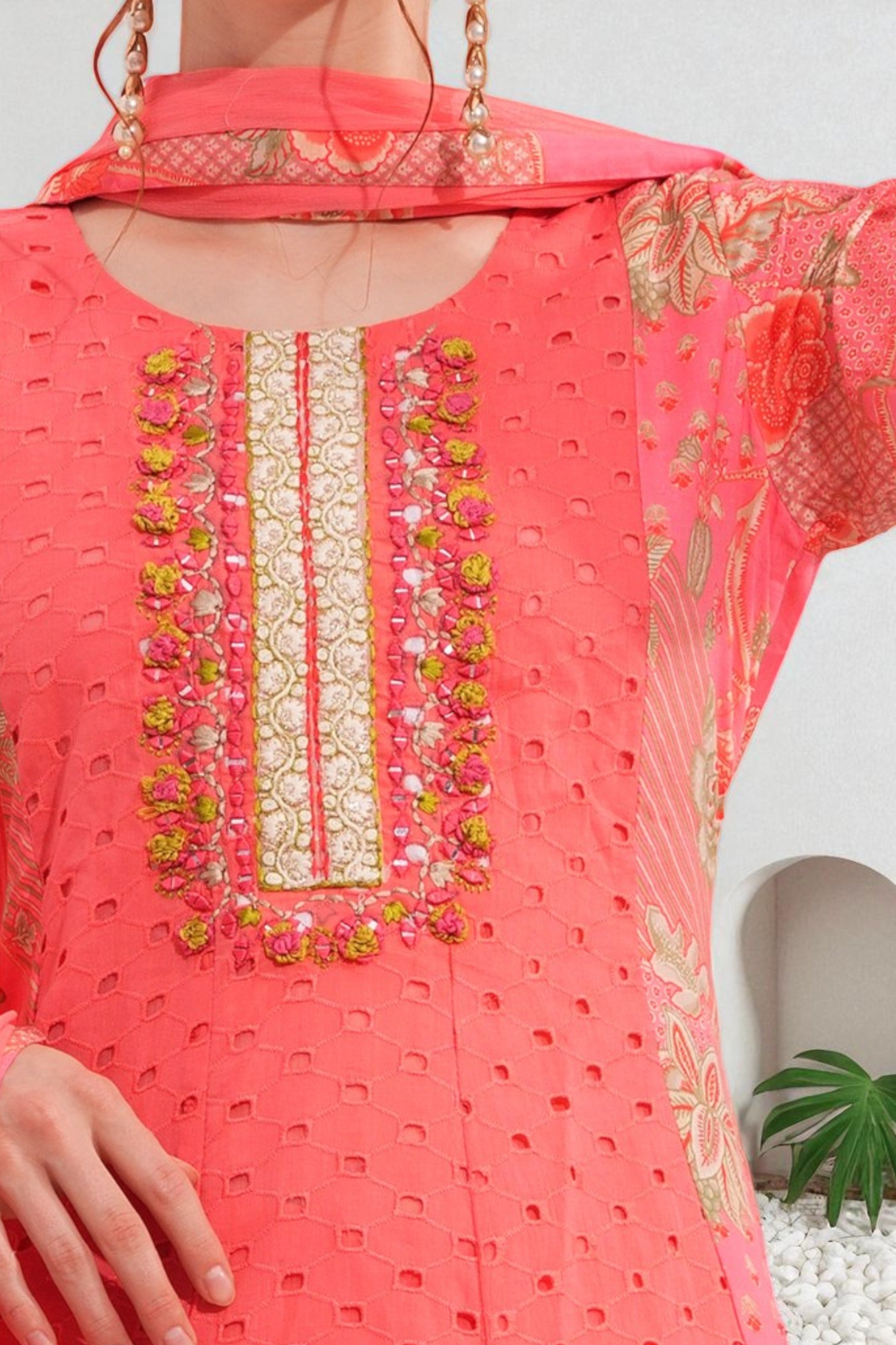 Bright peach cotton eyelet anarkali kurta set with chiffon dupatta