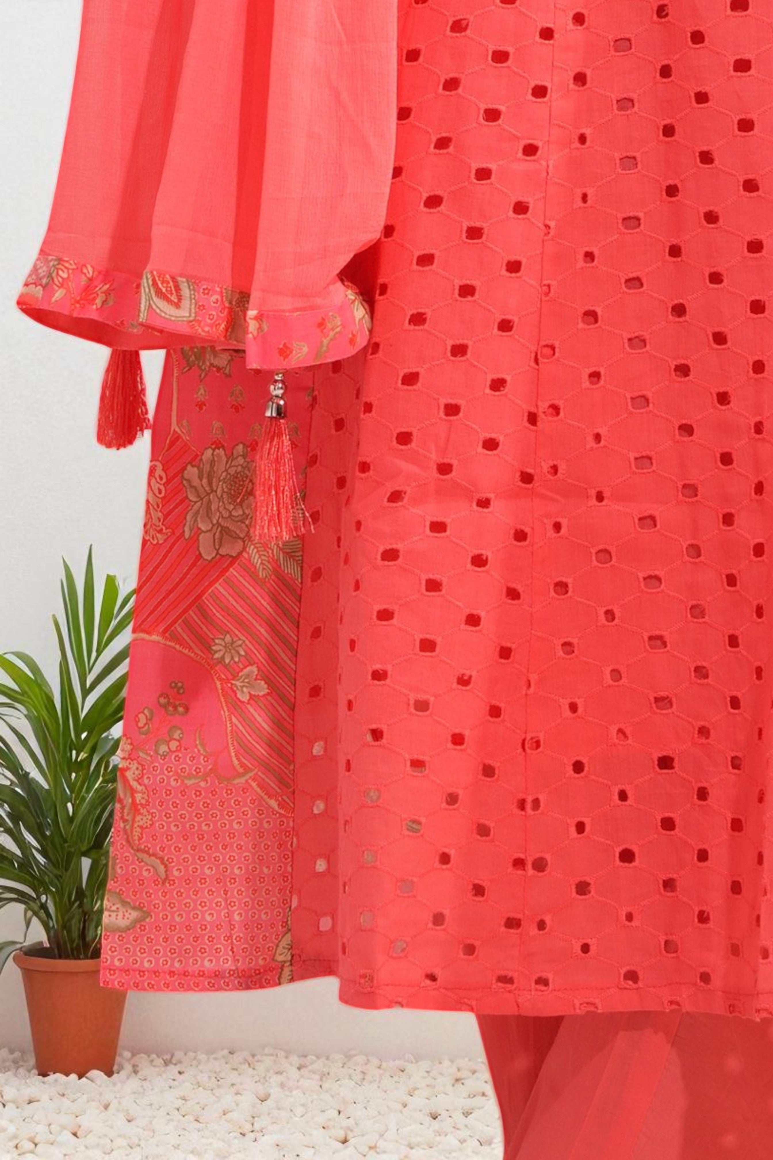 Bright peach cotton eyelet anarkali kurta set with chiffon dupatta