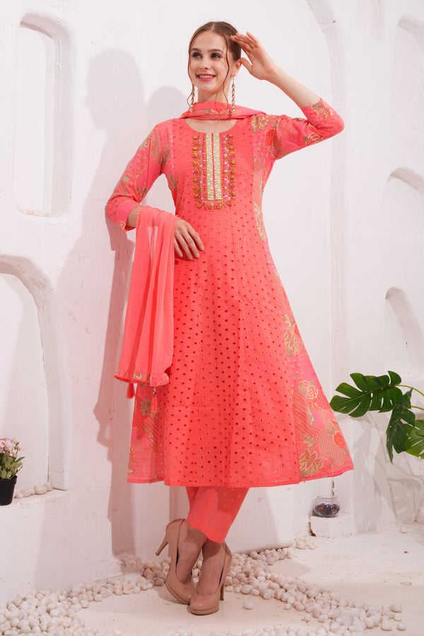 Bright peach cotton eyelet anarkali kurta set with chiffon dupatta