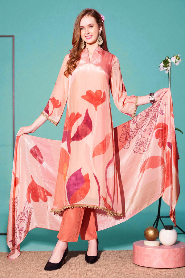 Peach crush crepe floral printed flared kurta set with matching dupatta