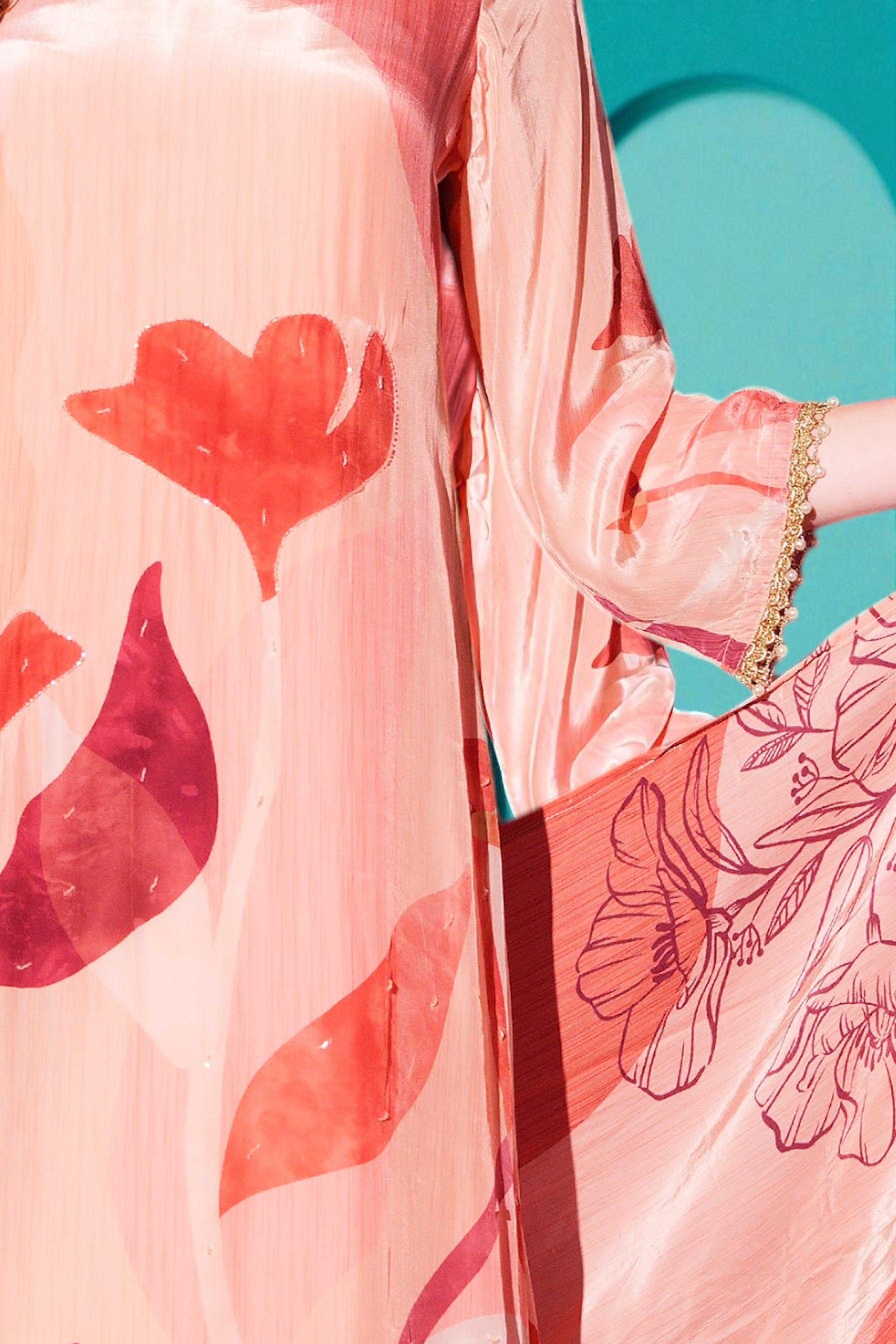 Peach crush crepe floral printed flared kurta set with matching dupatta