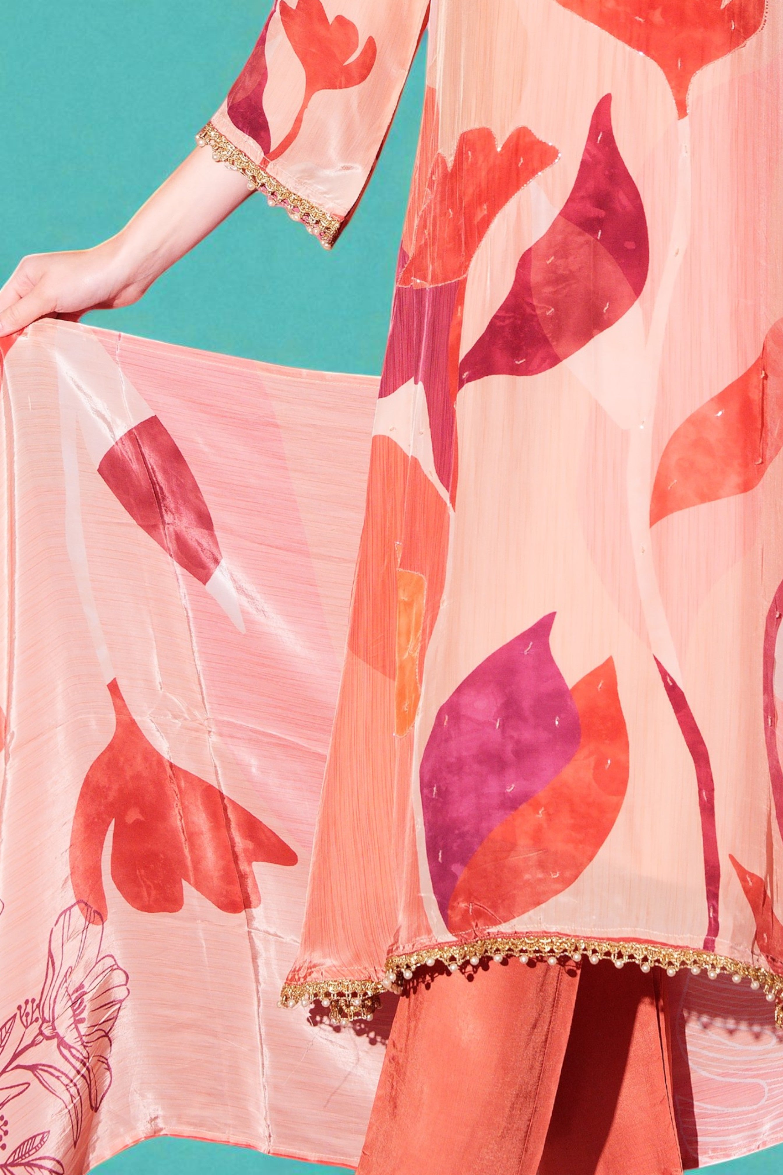 Peach crush crepe floral printed flared kurta set with matching dupatta