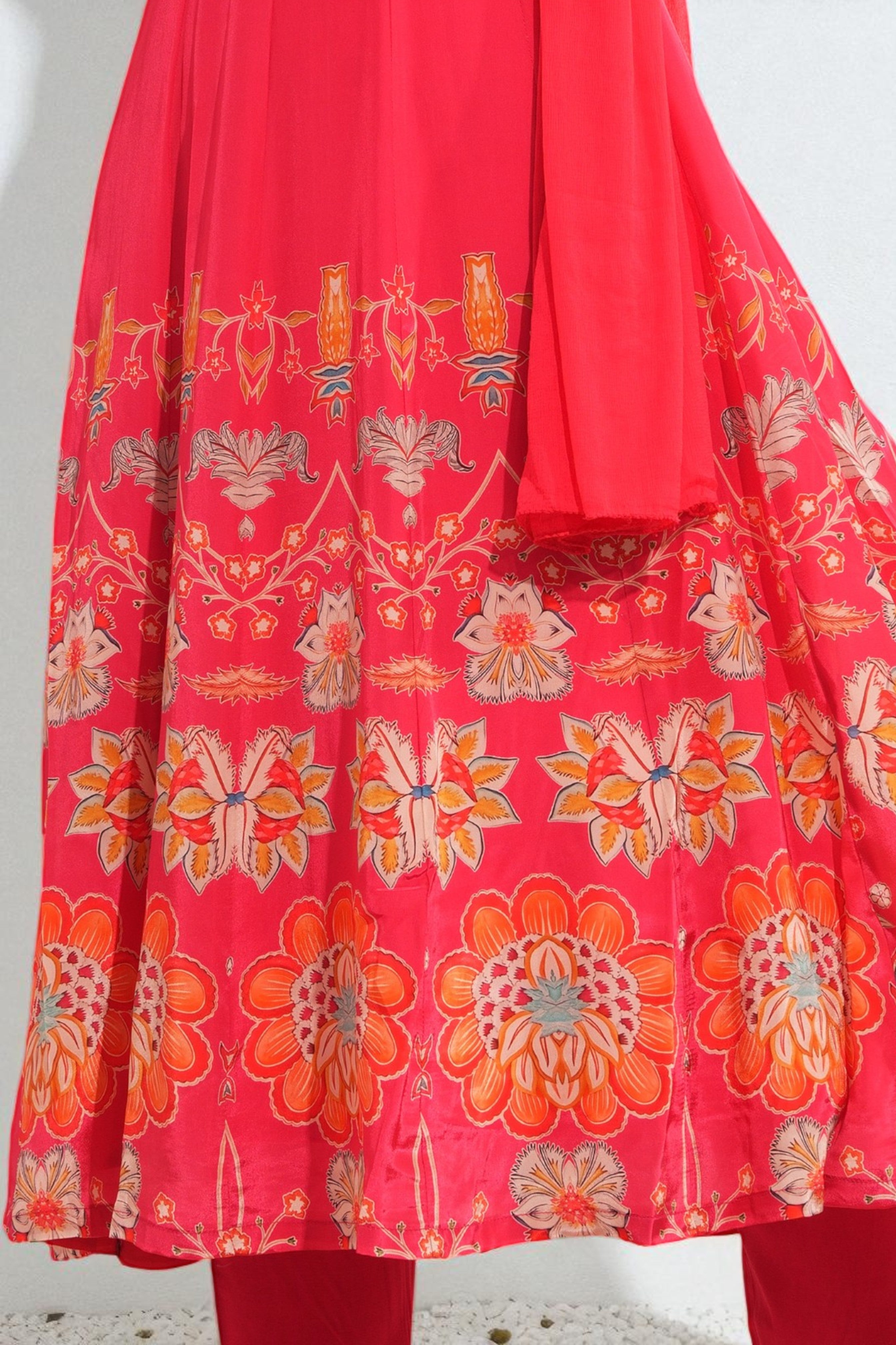 Rose red pure crepe printed anarkali set with chiffon dupatta