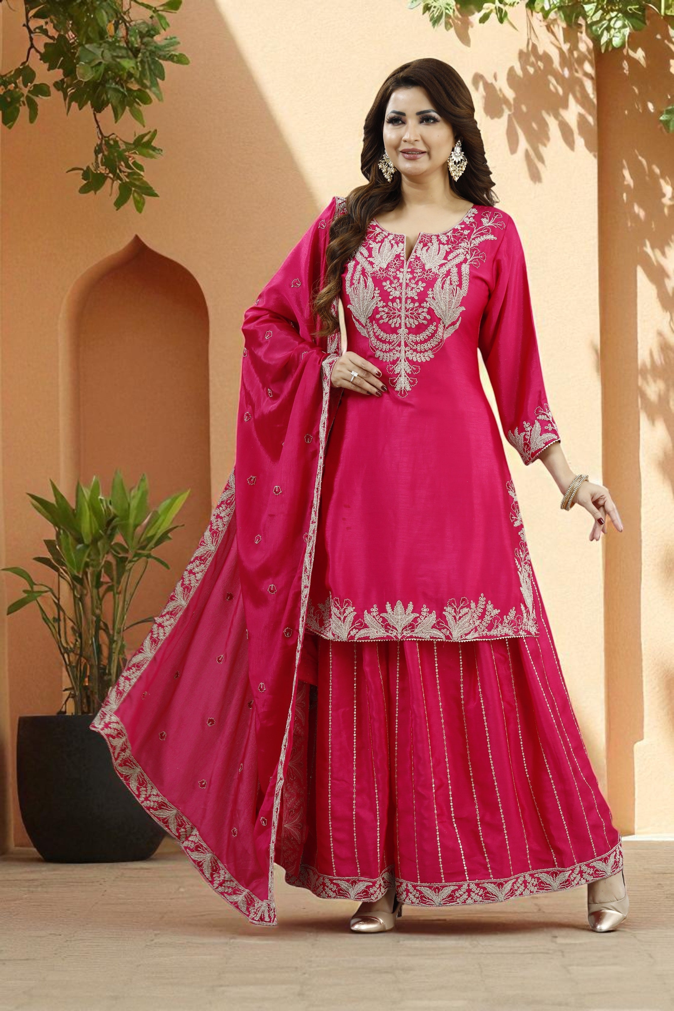 Pink embroidered kurta and palazzo set