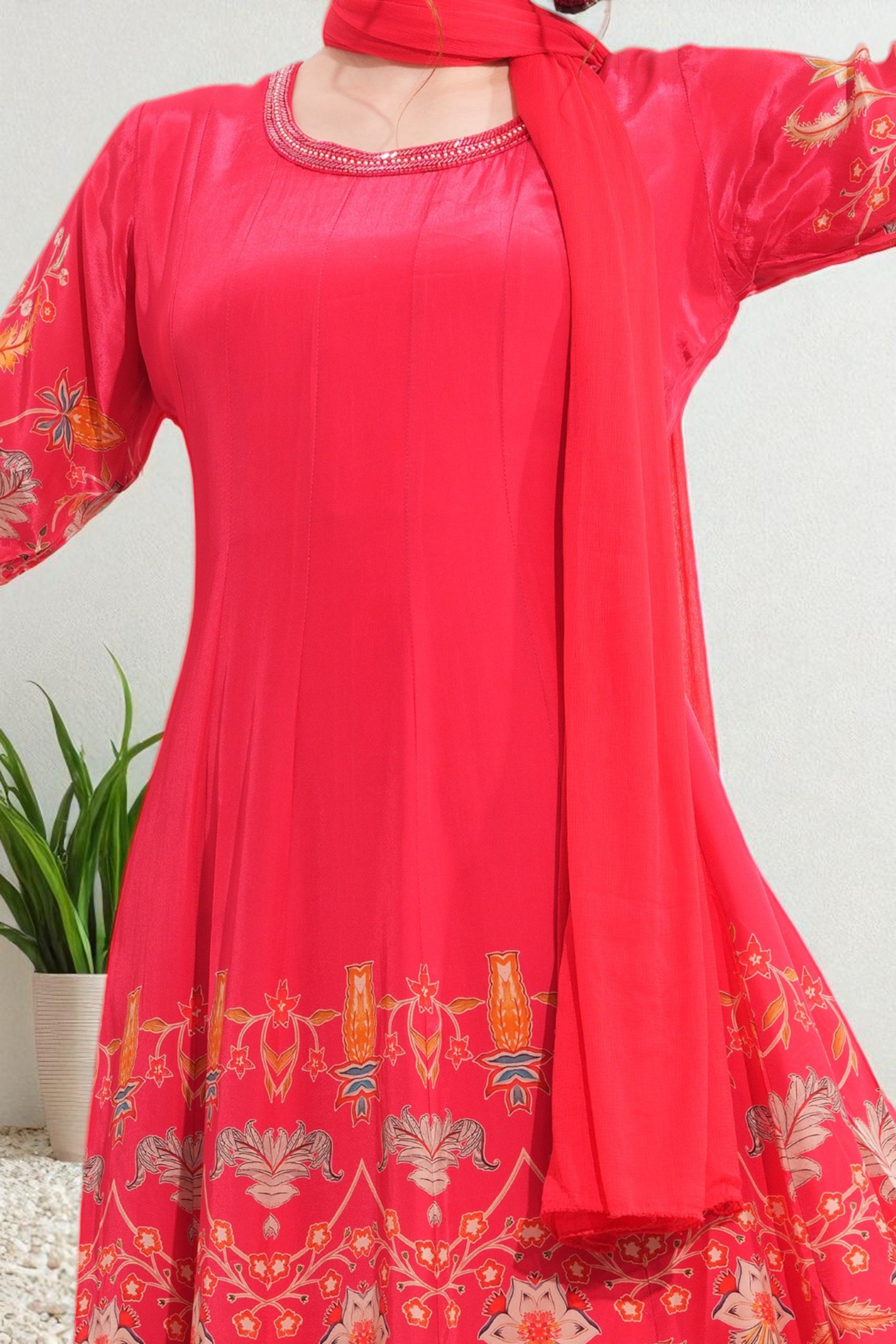 Rose red pure crepe printed anarkali set with chiffon dupatta
