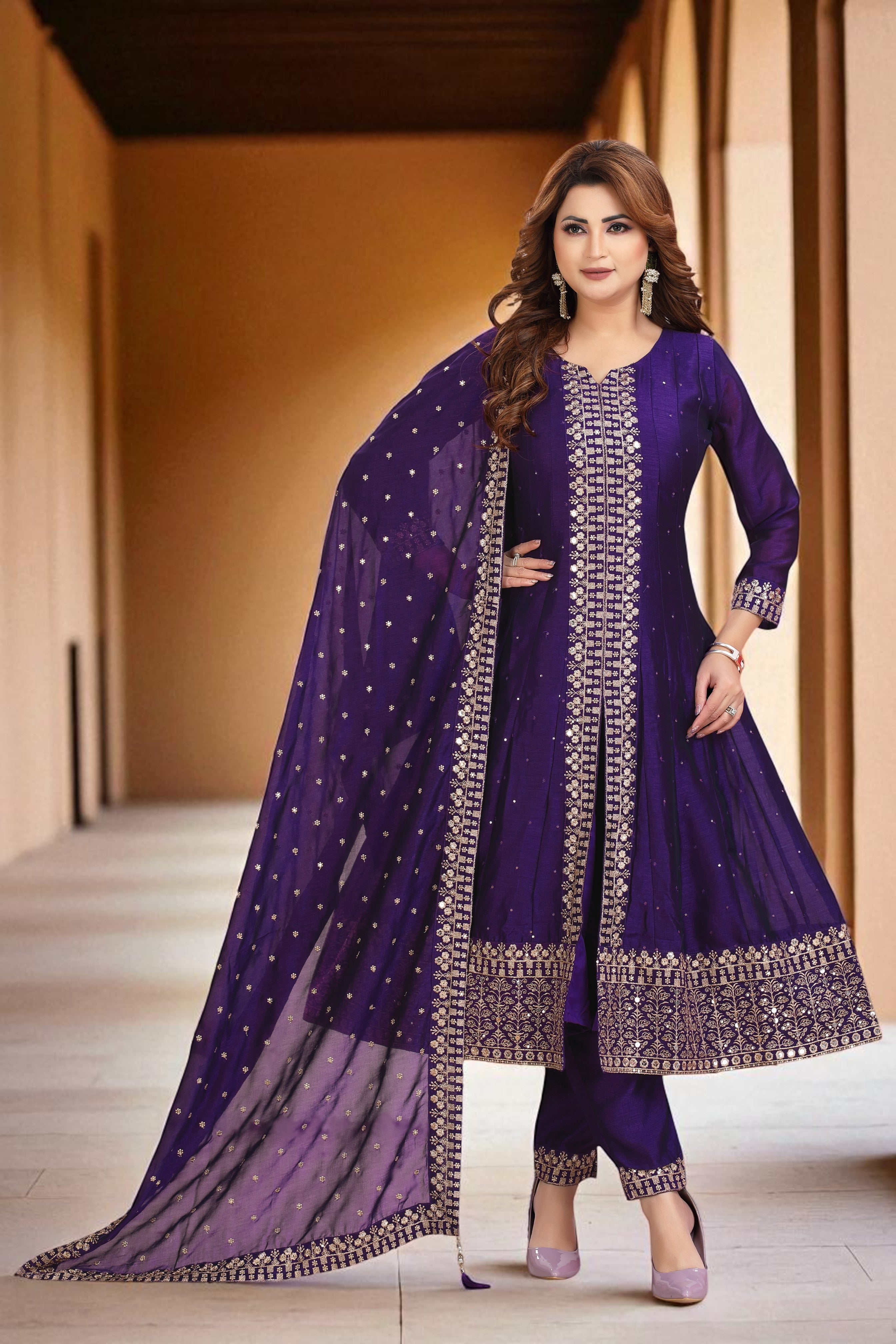 Royal purple with gold anarkali kurta set