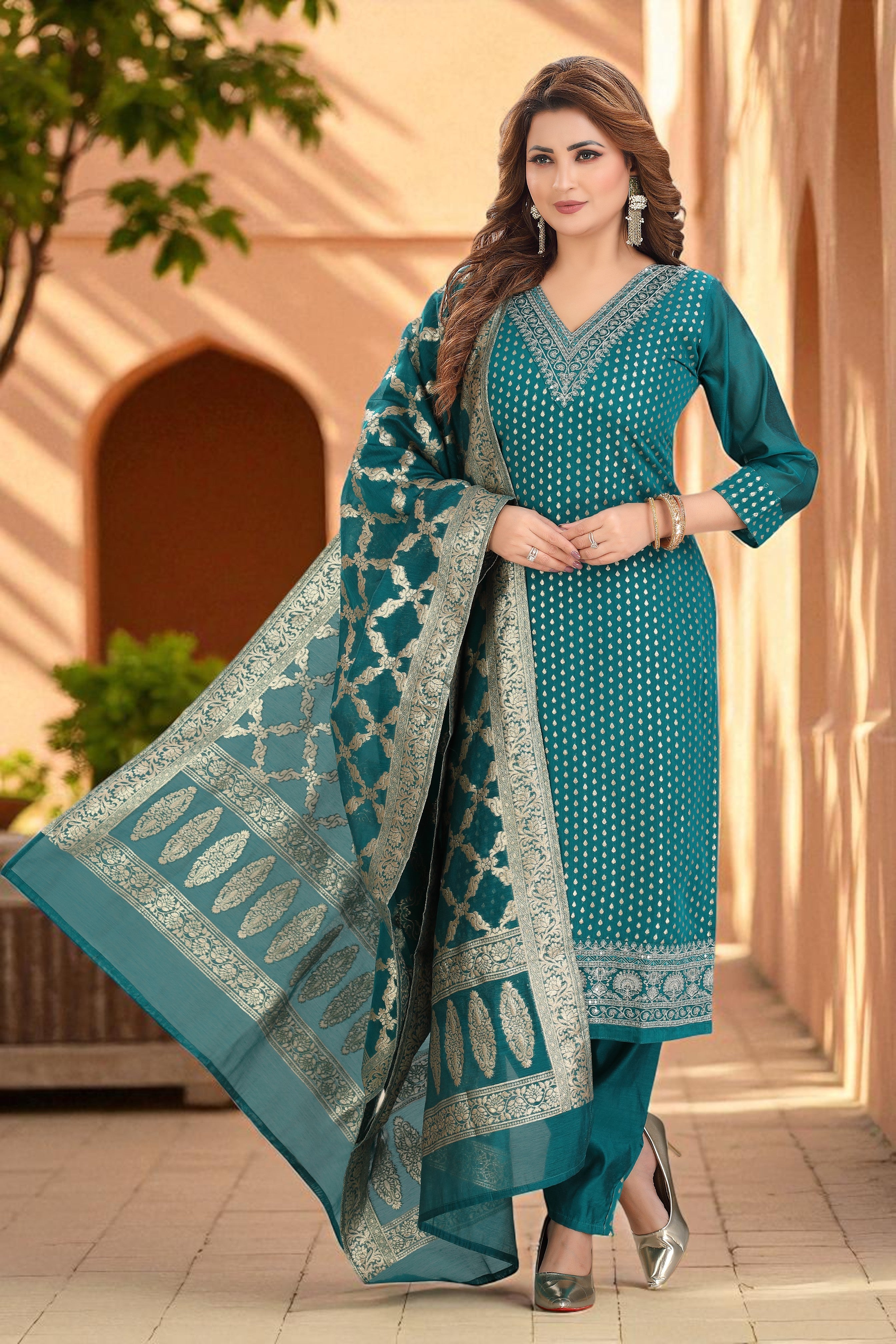 Bright teal kurta set with banarasi dupatta