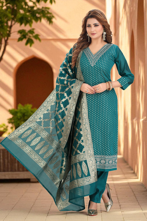Bright teal kurta set with banarasi dupatta