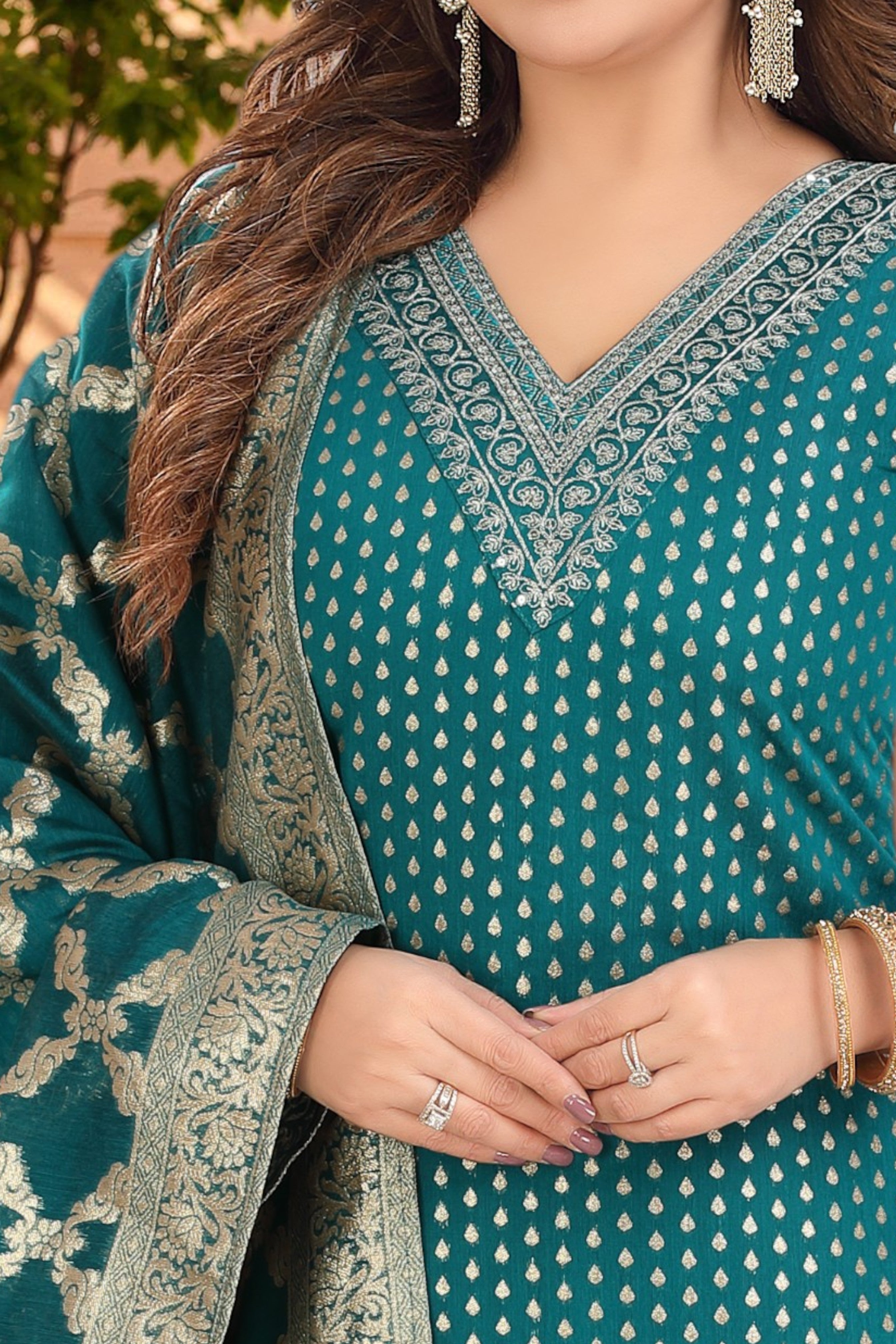 Bright teal kurta set with banarasi dupatta