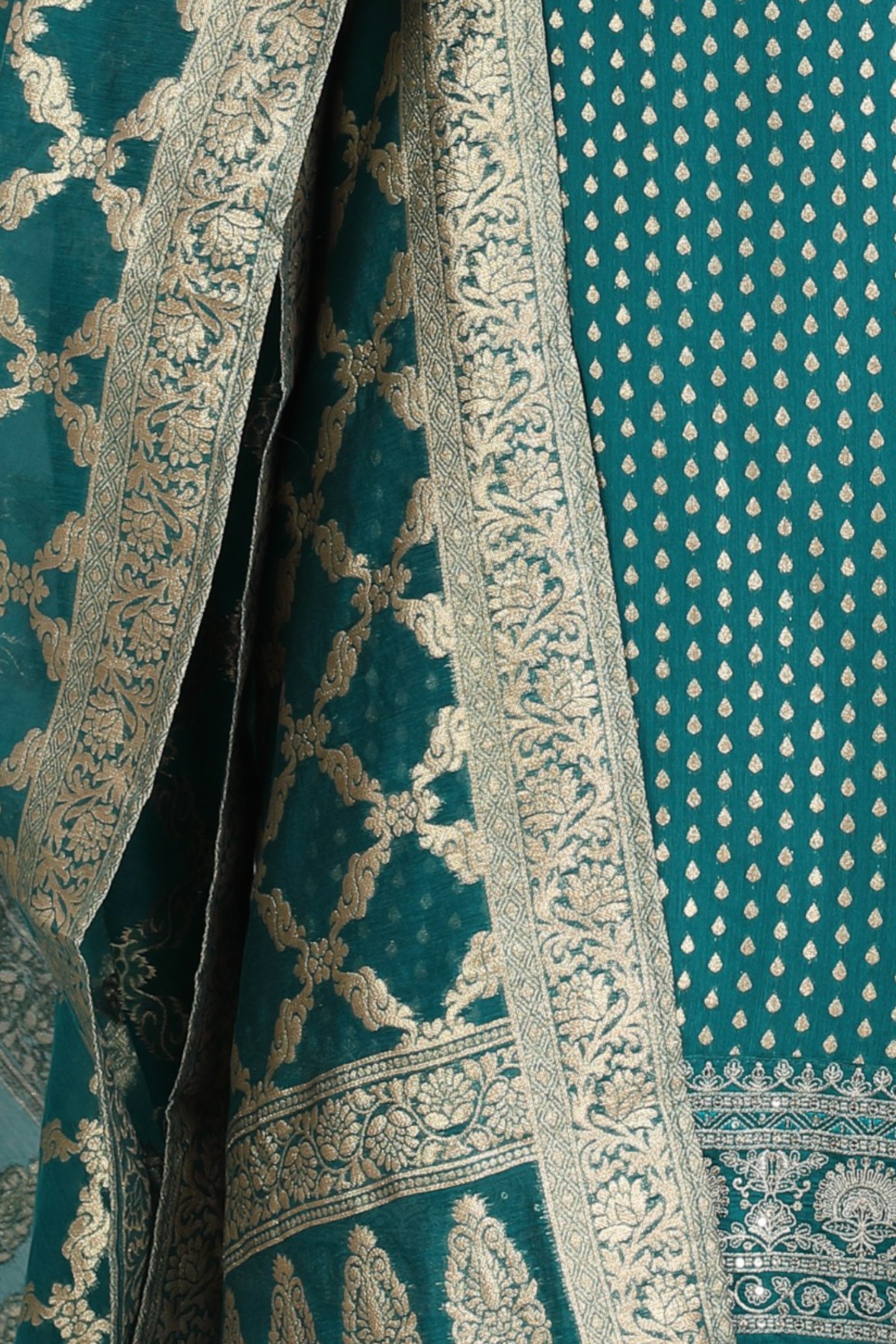 Bright teal kurta set with banarasi dupatta