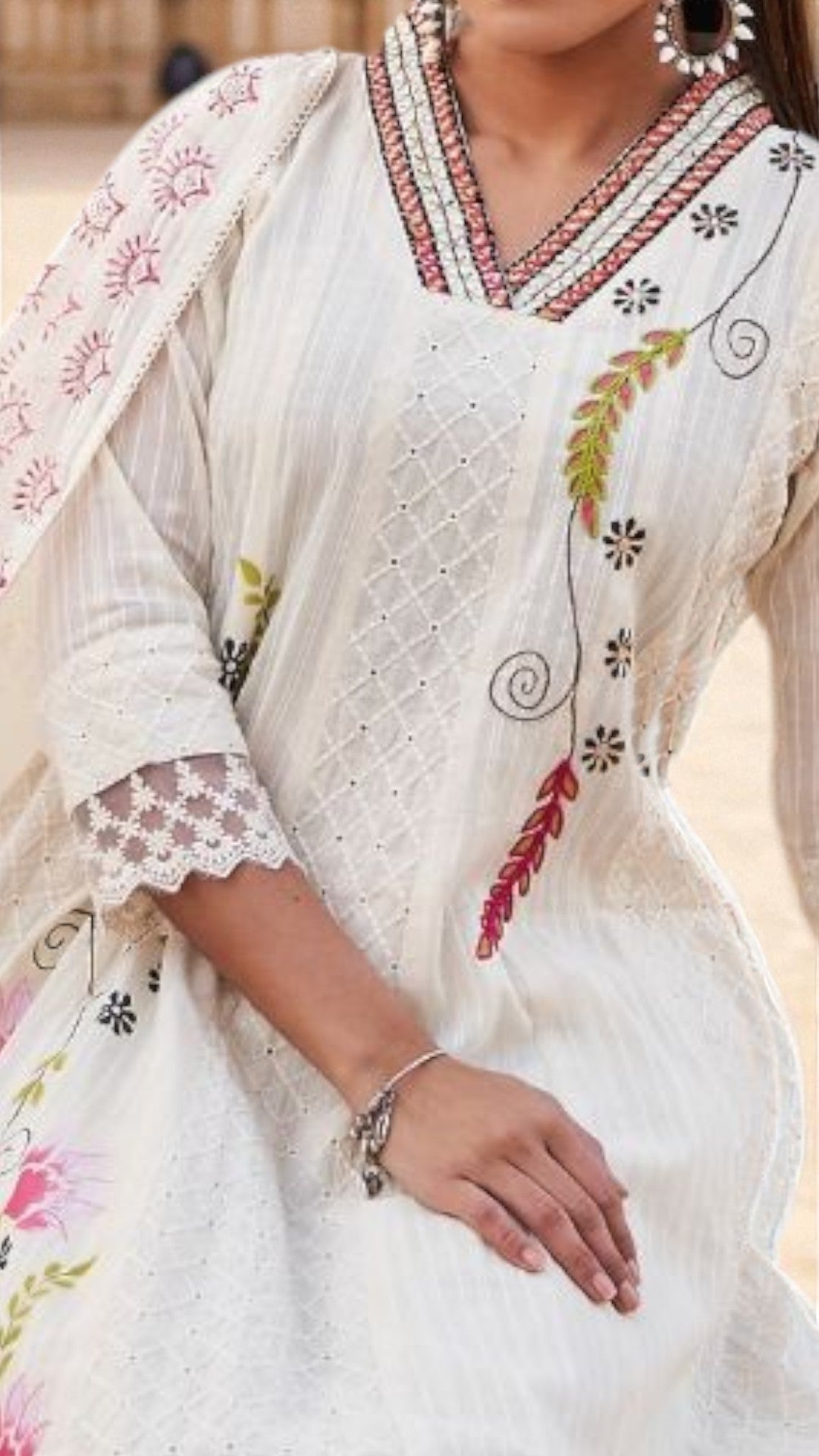 Off white cotton eyelet v-neck anarkali set with floral printed dupatta