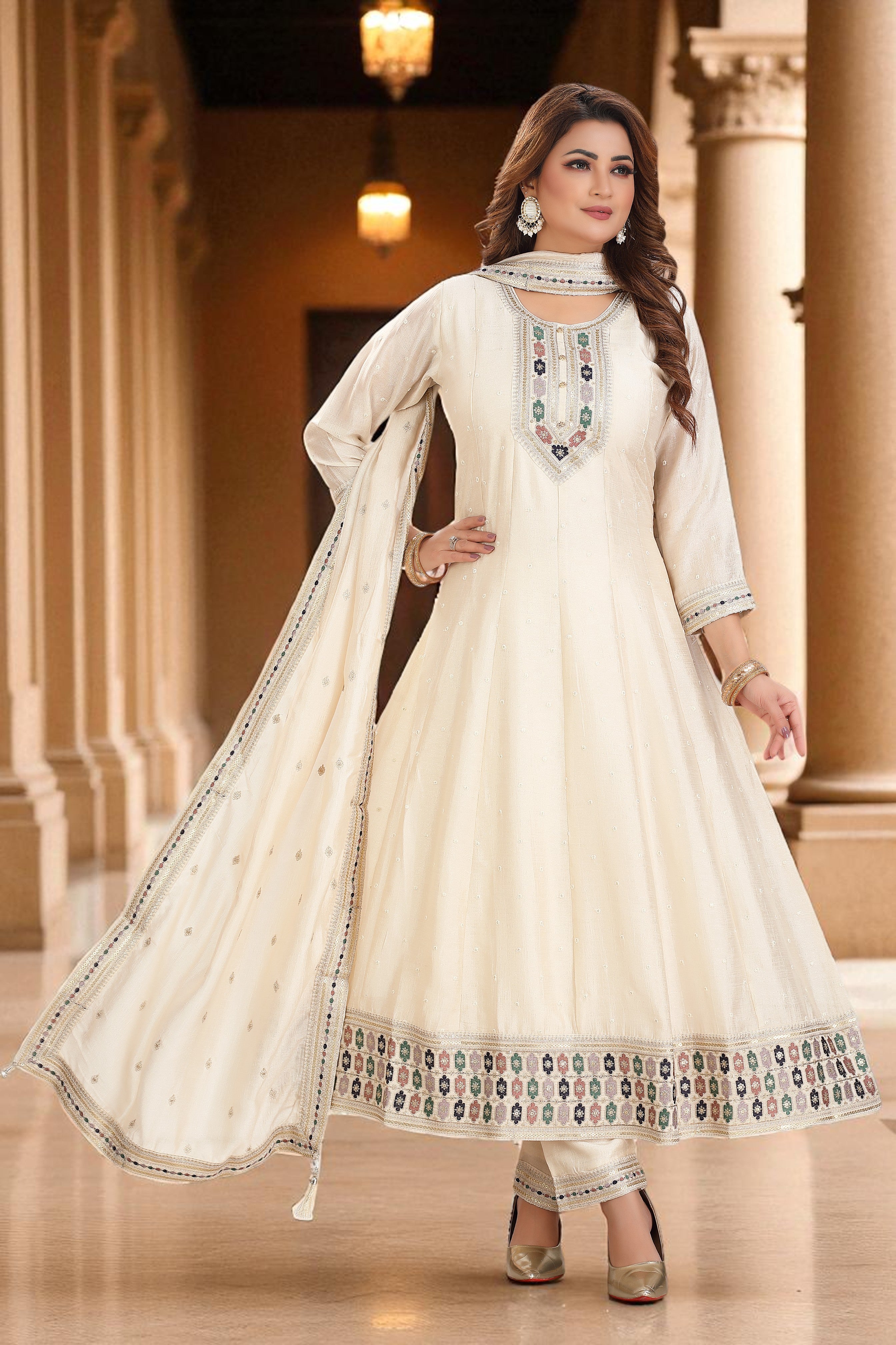 Cream Anarkali set with matching dupatta