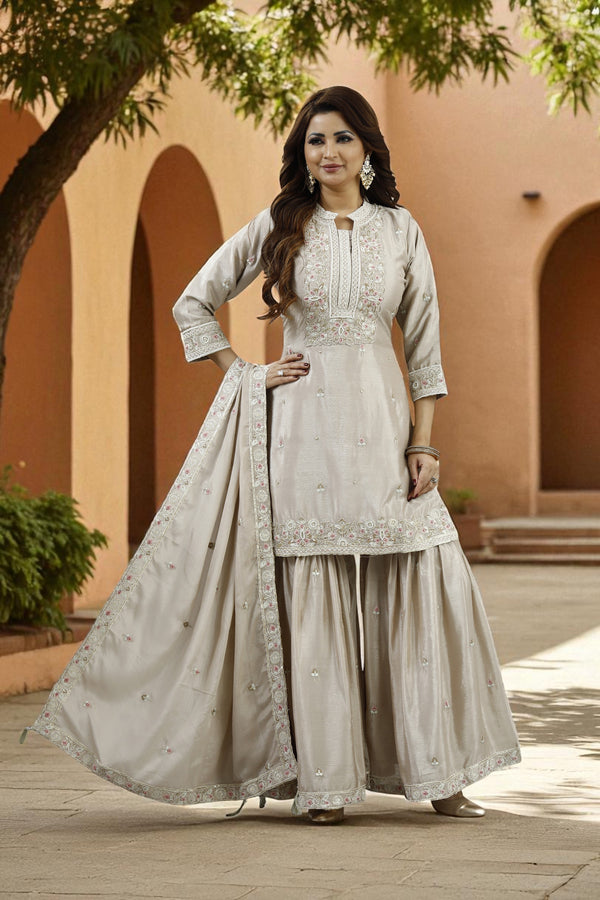 Light Beige collared kurta and sharara set