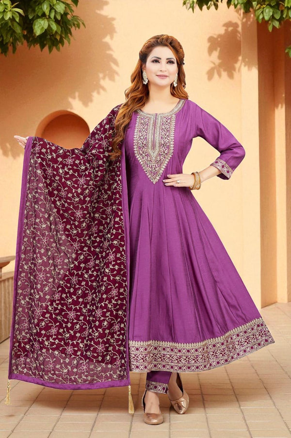 Midnight purple anarkali kurta set with gold threadwork dupatta
