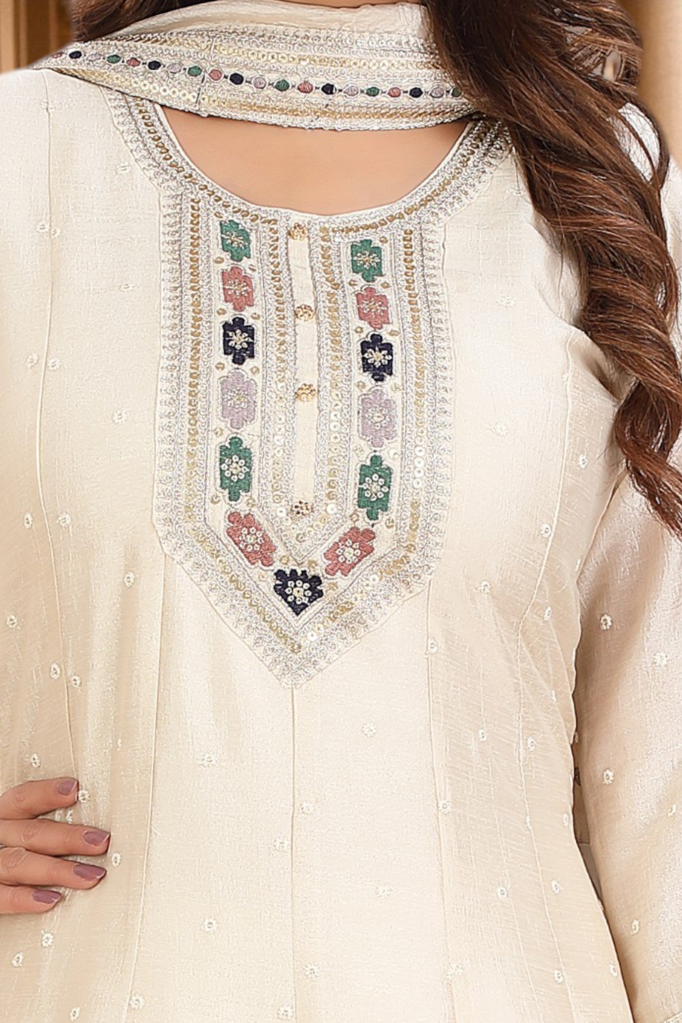 Cream Anarkali set with matching dupatta