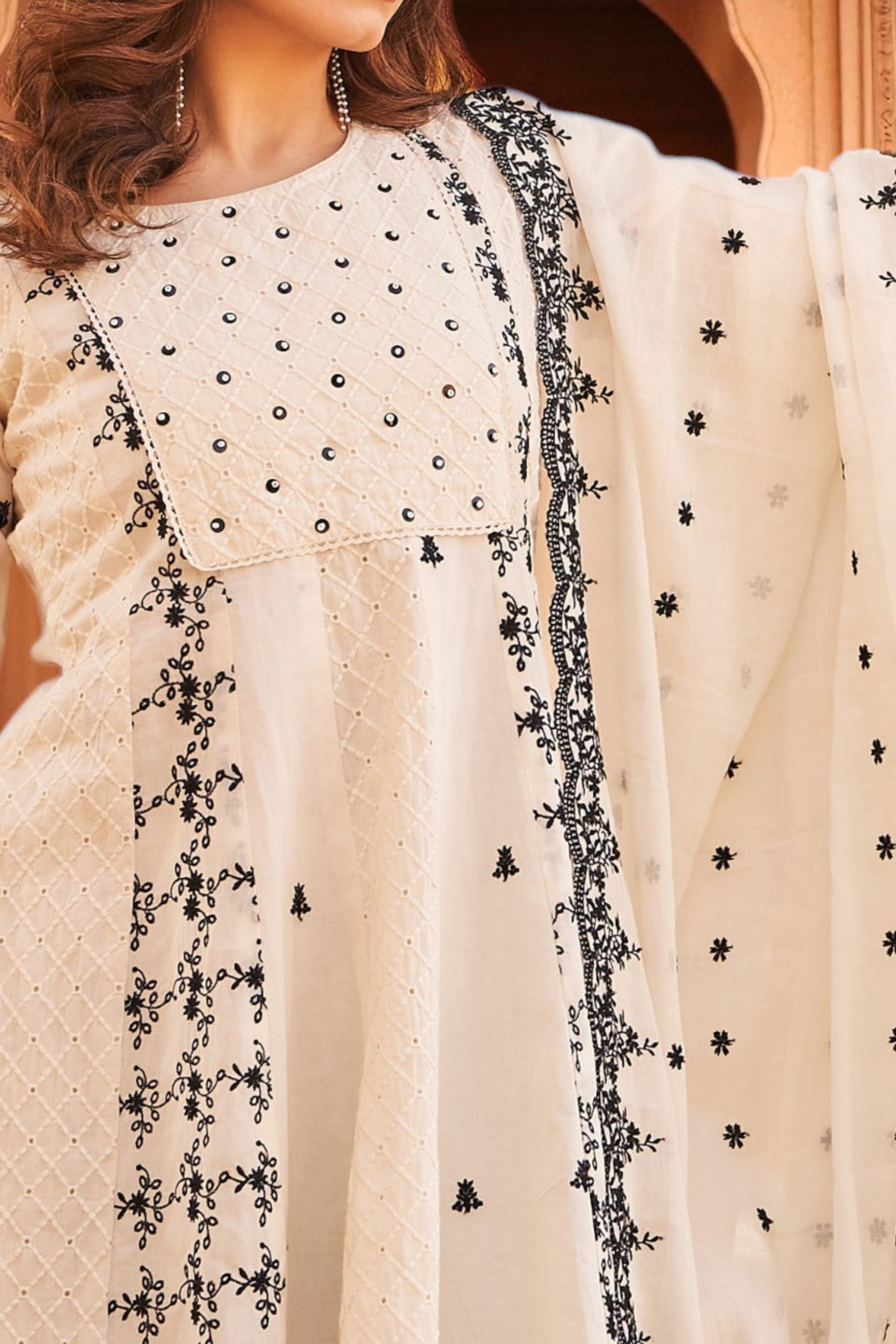 Ivory pure cotton eyelet anarkali set with cotton dupatta