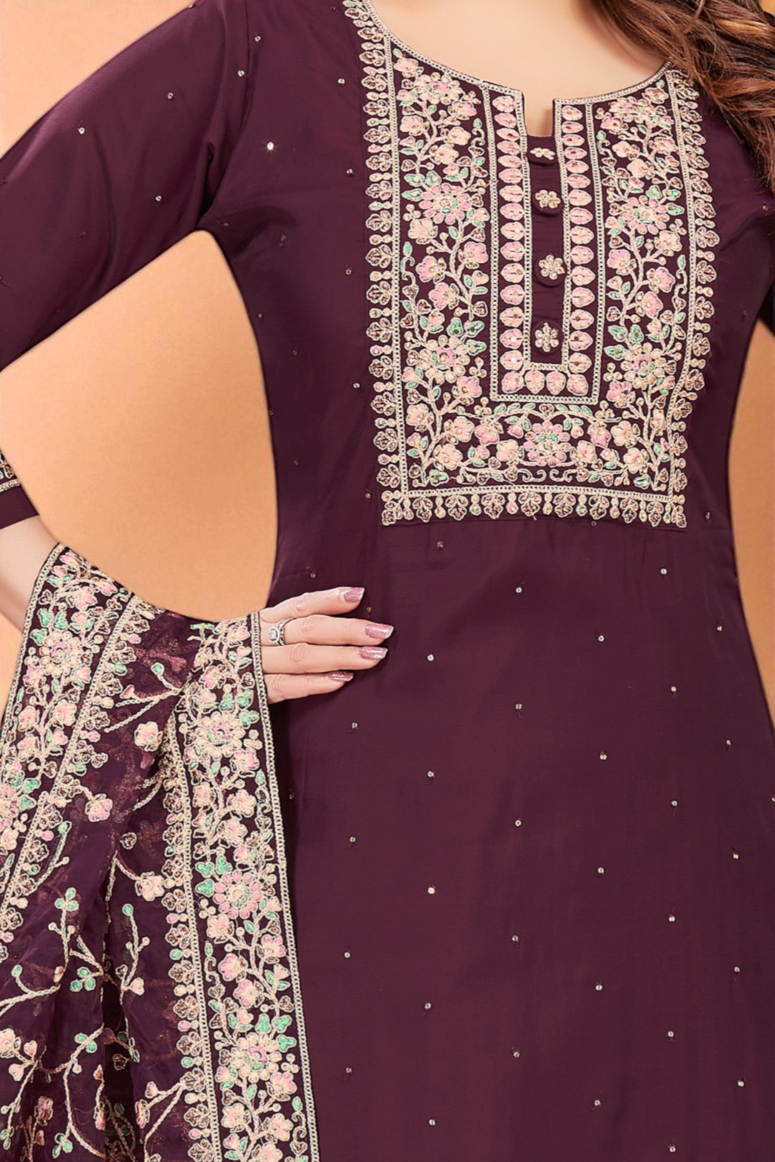 Plum silk blend floral embroidered kurta set