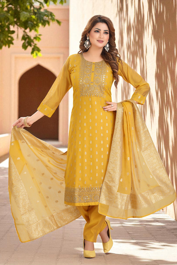 Bright yellow kurta set with banarasi dupatta