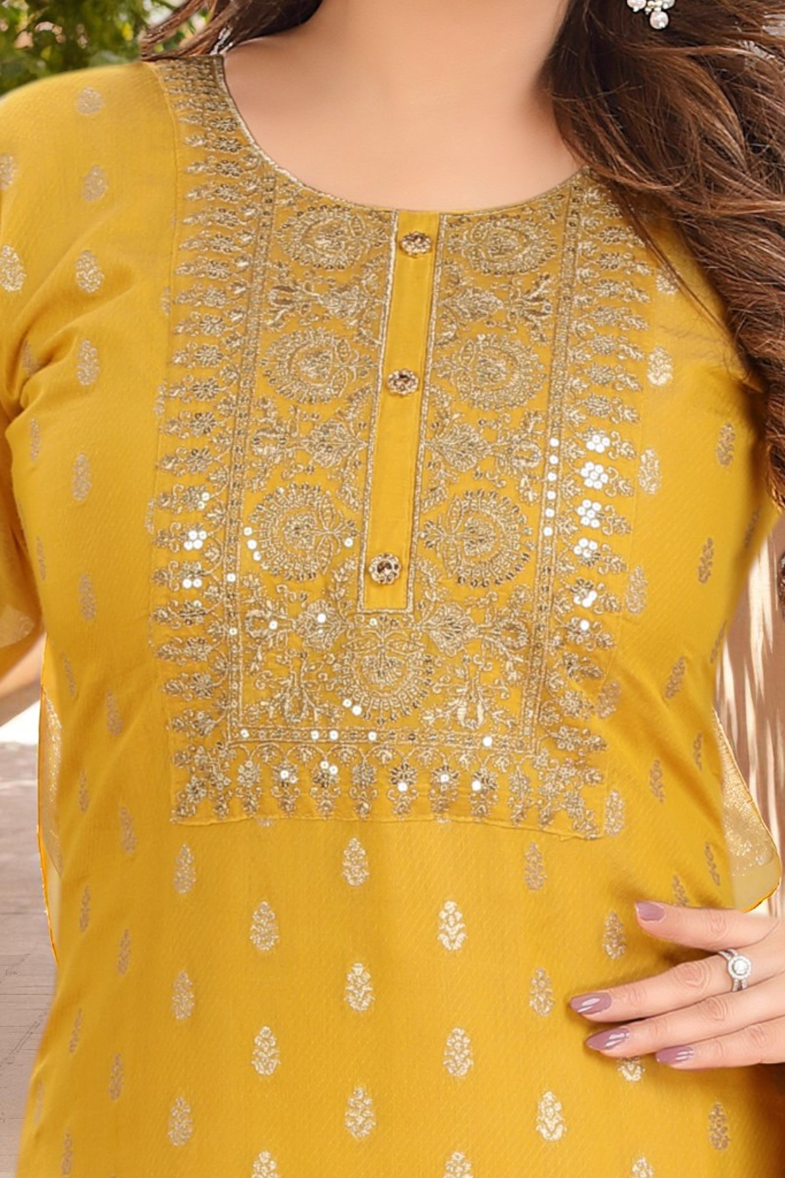 Bright yellow kurta set with banarasi dupatta