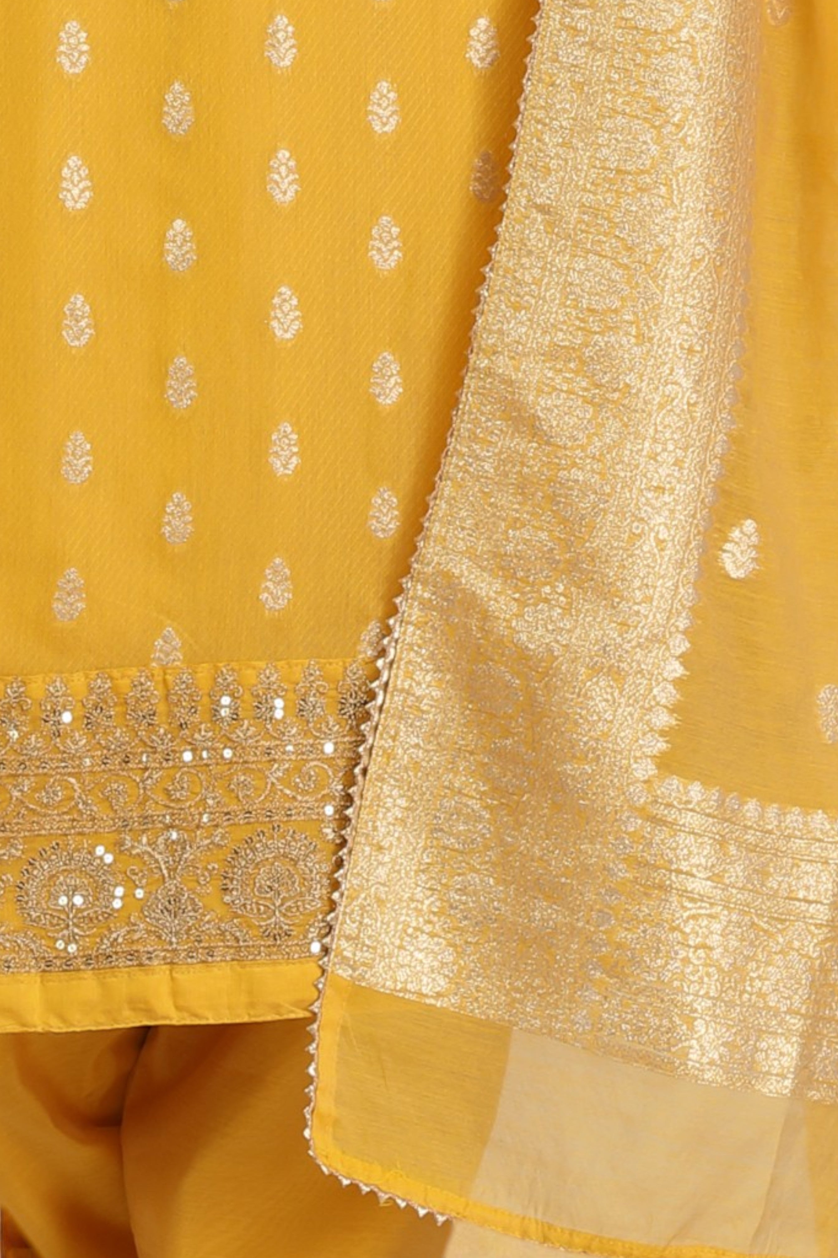 Bright yellow kurta set with banarasi dupatta