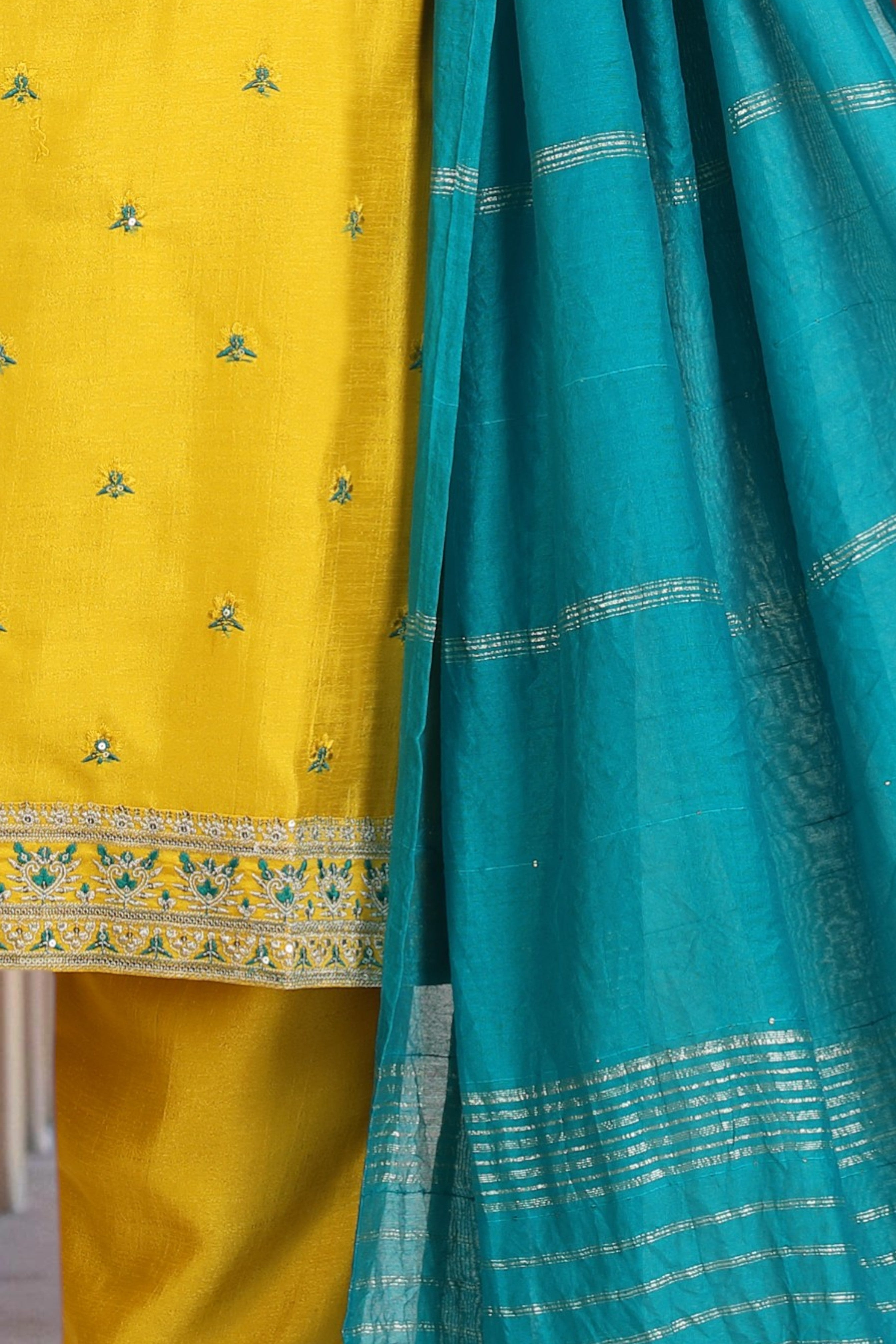 Yellow kurta set with blue dupatta