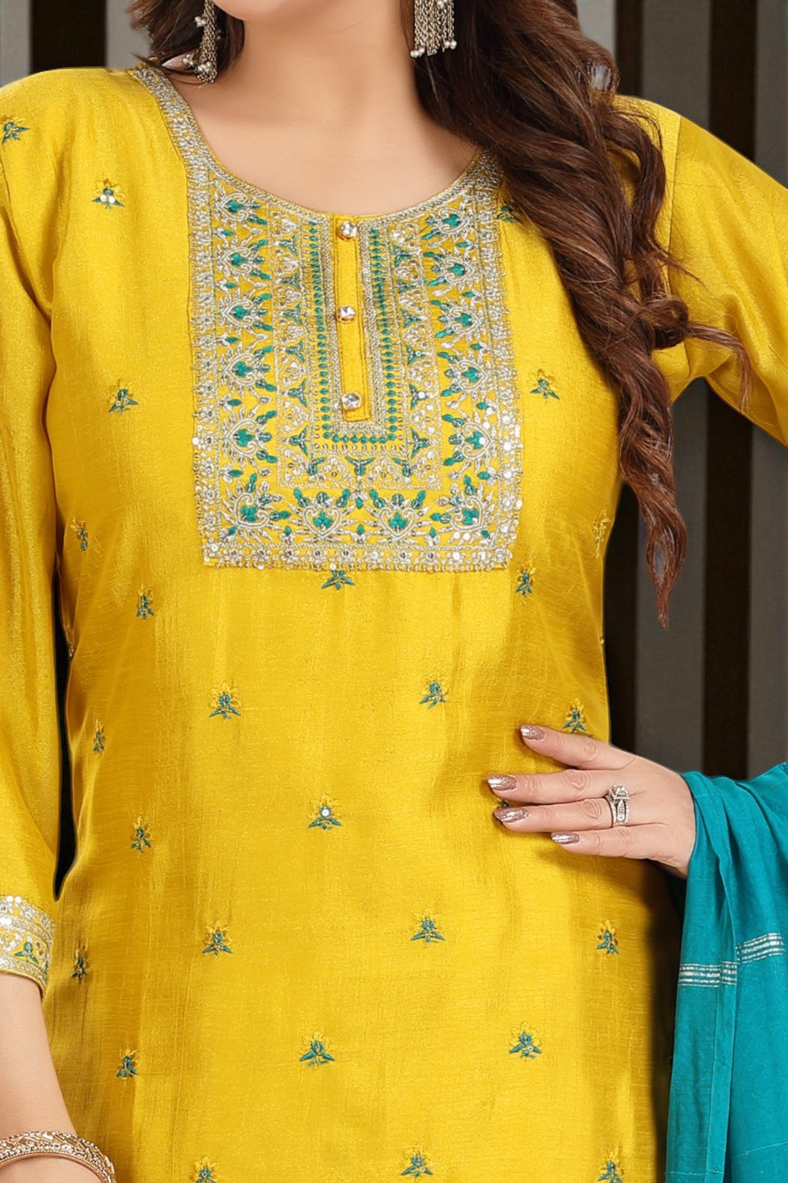 Yellow kurta set with blue dupatta