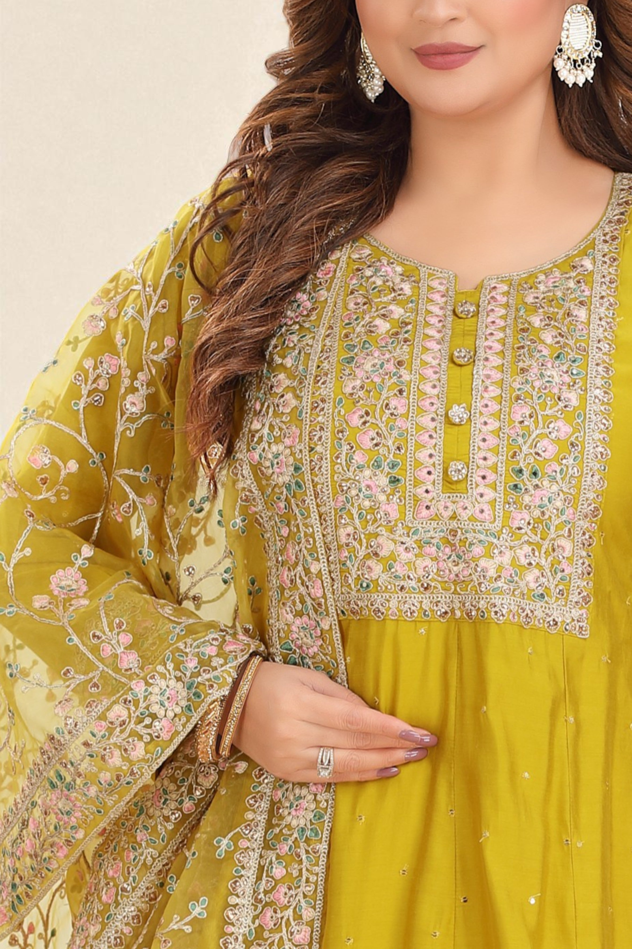 Mustard yellow silk blend floral embroidered anarkali set