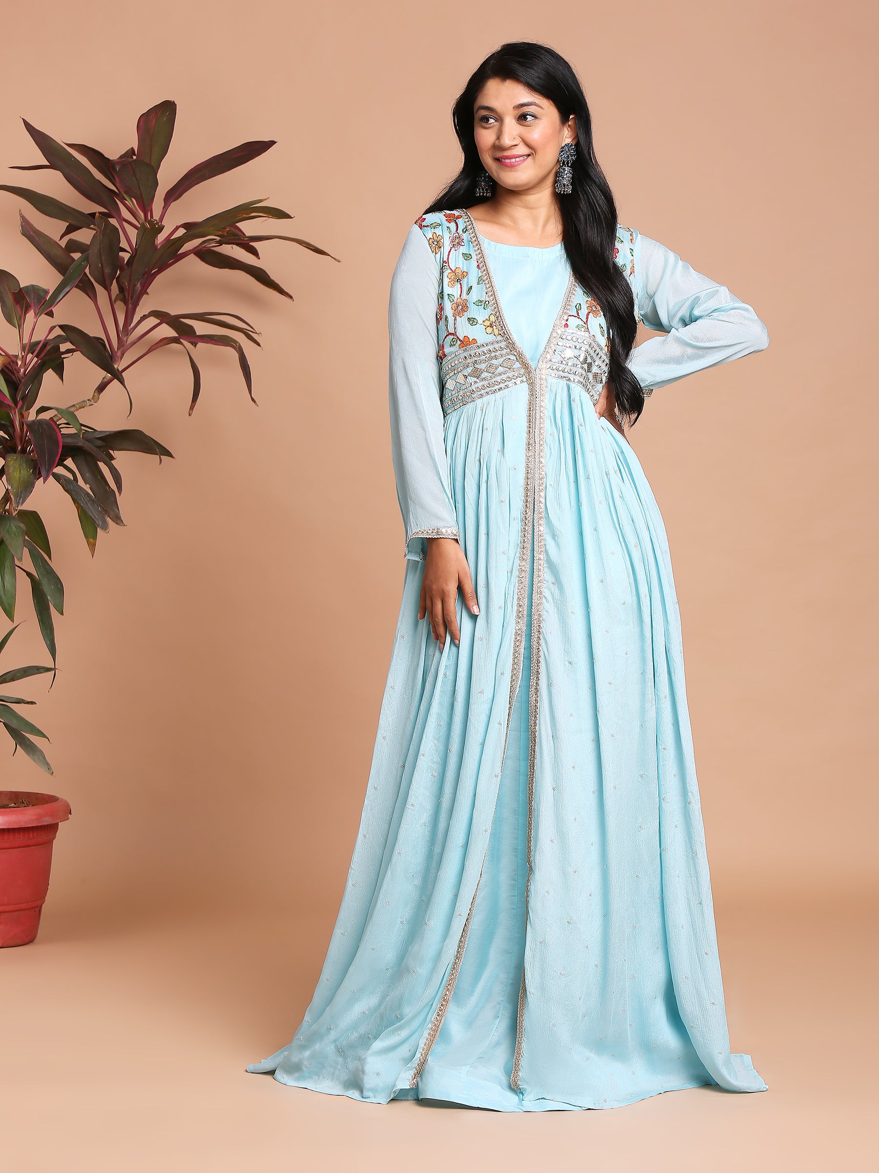 Baby blue gown with embroidered jacket