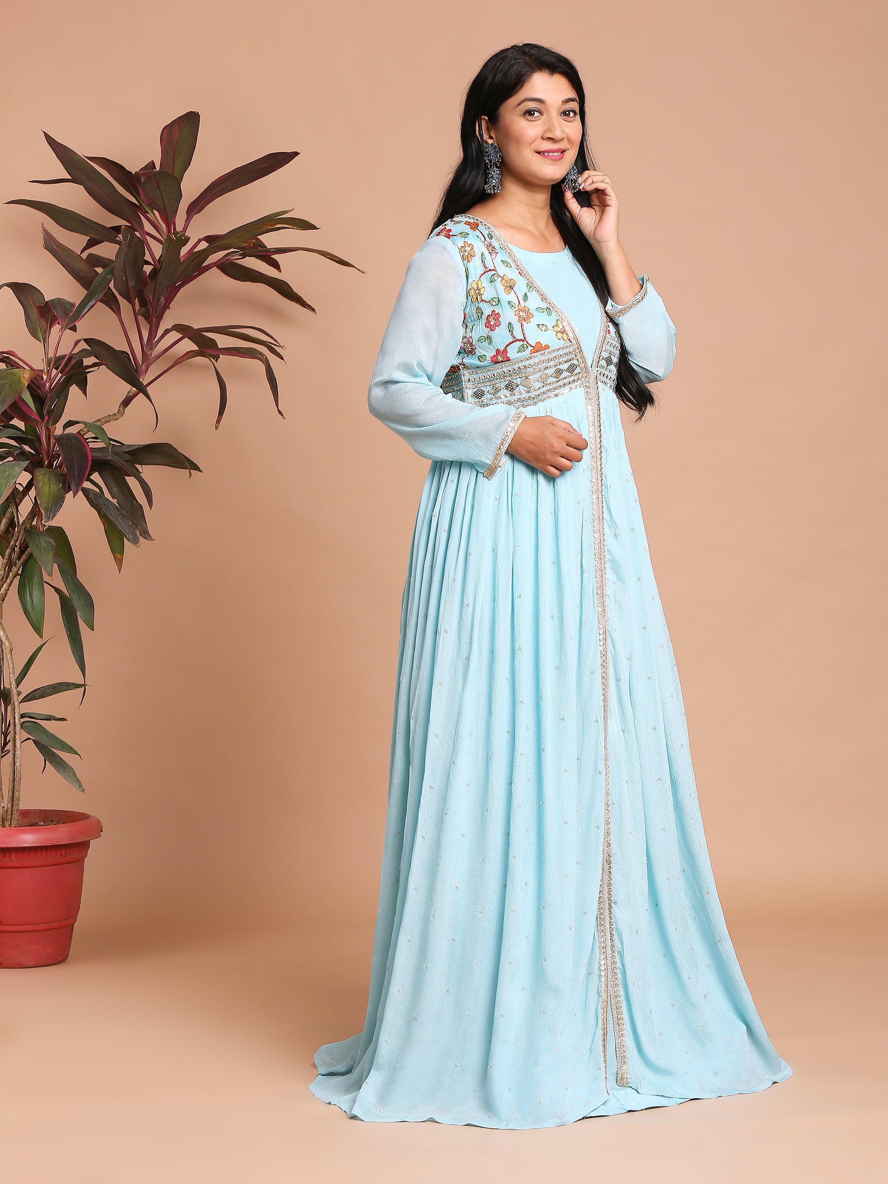 Baby blue gown with embroidered jacket