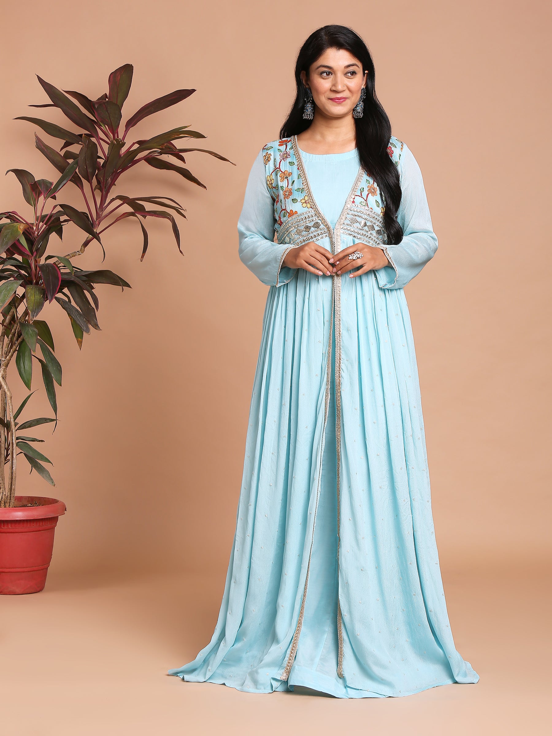 Baby blue gown with embroidered jacket