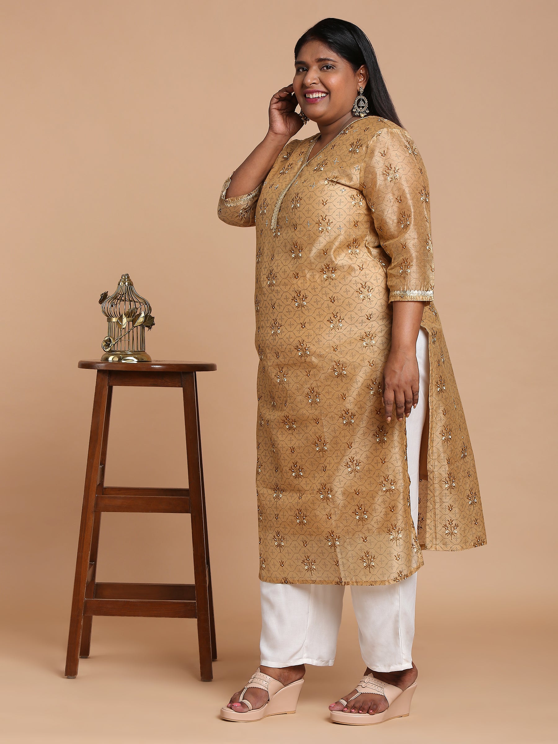 Beige and gold printed kurta with white pants