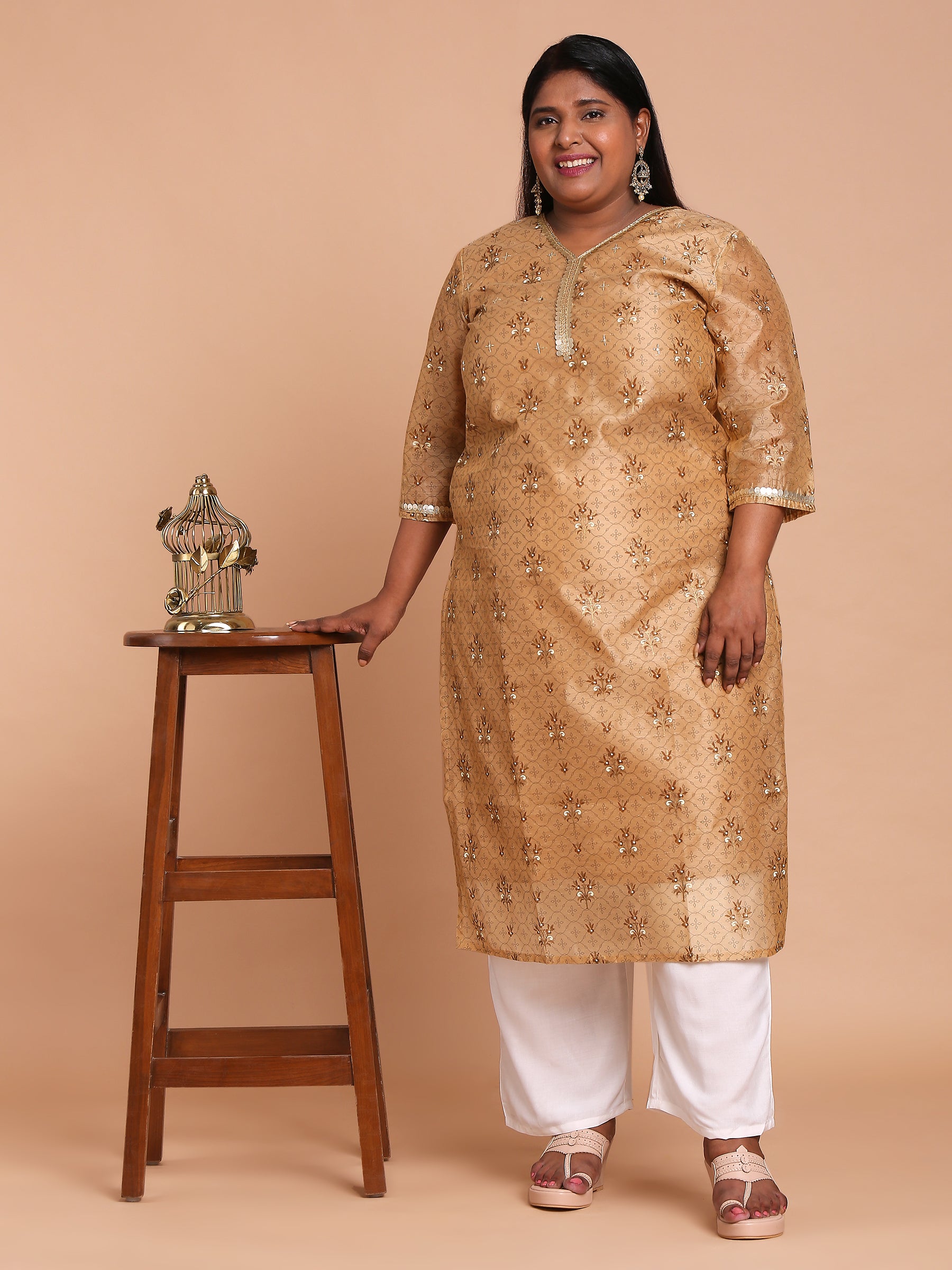 Beige and gold printed kurta with white pants