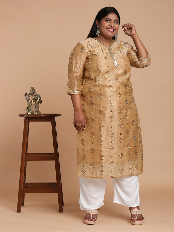 Beige and gold printed kurta with white pants