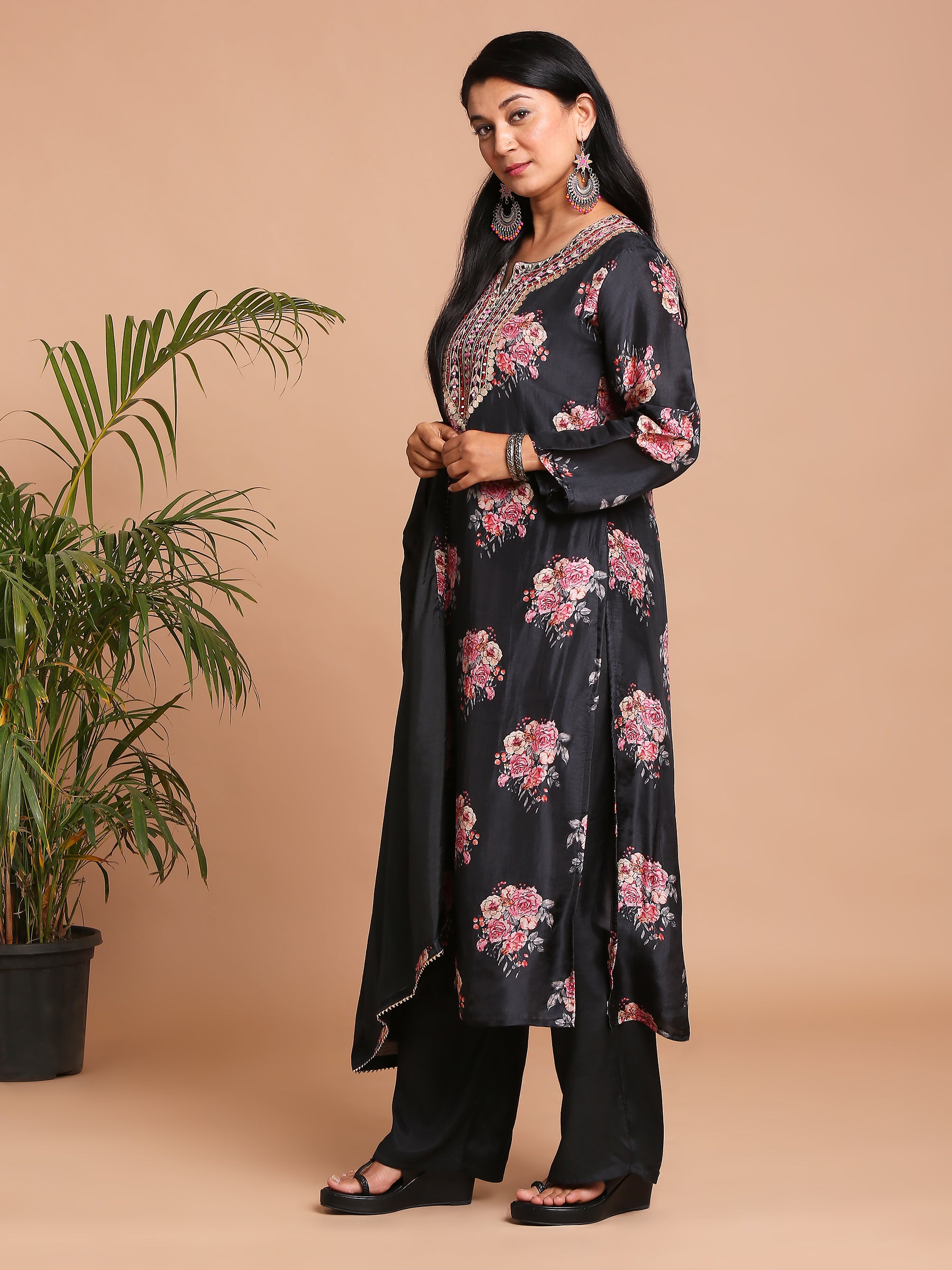 Black floral printed kurta with pants and dupatta