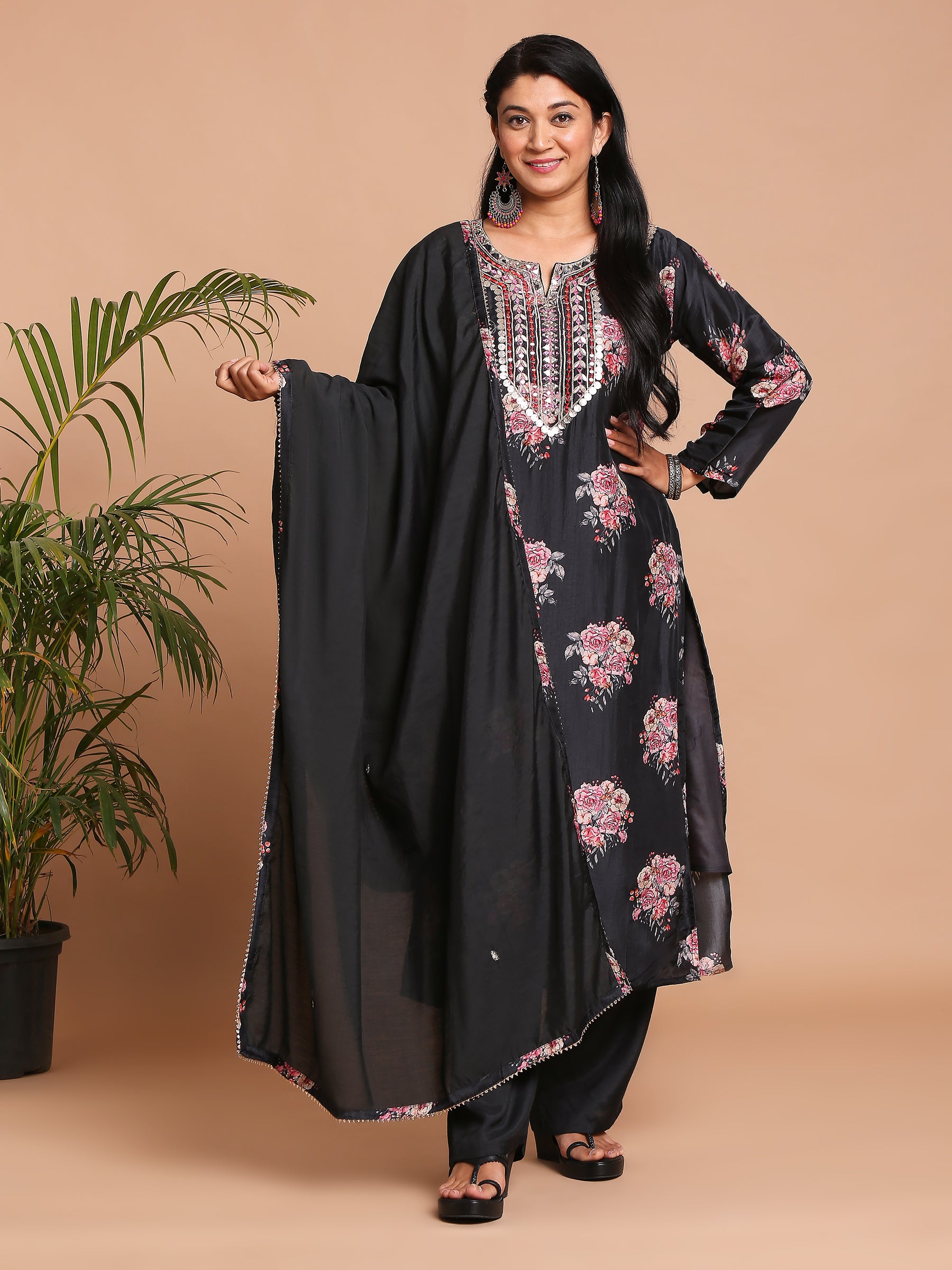 Black floral printed kurta with pants and dupatta