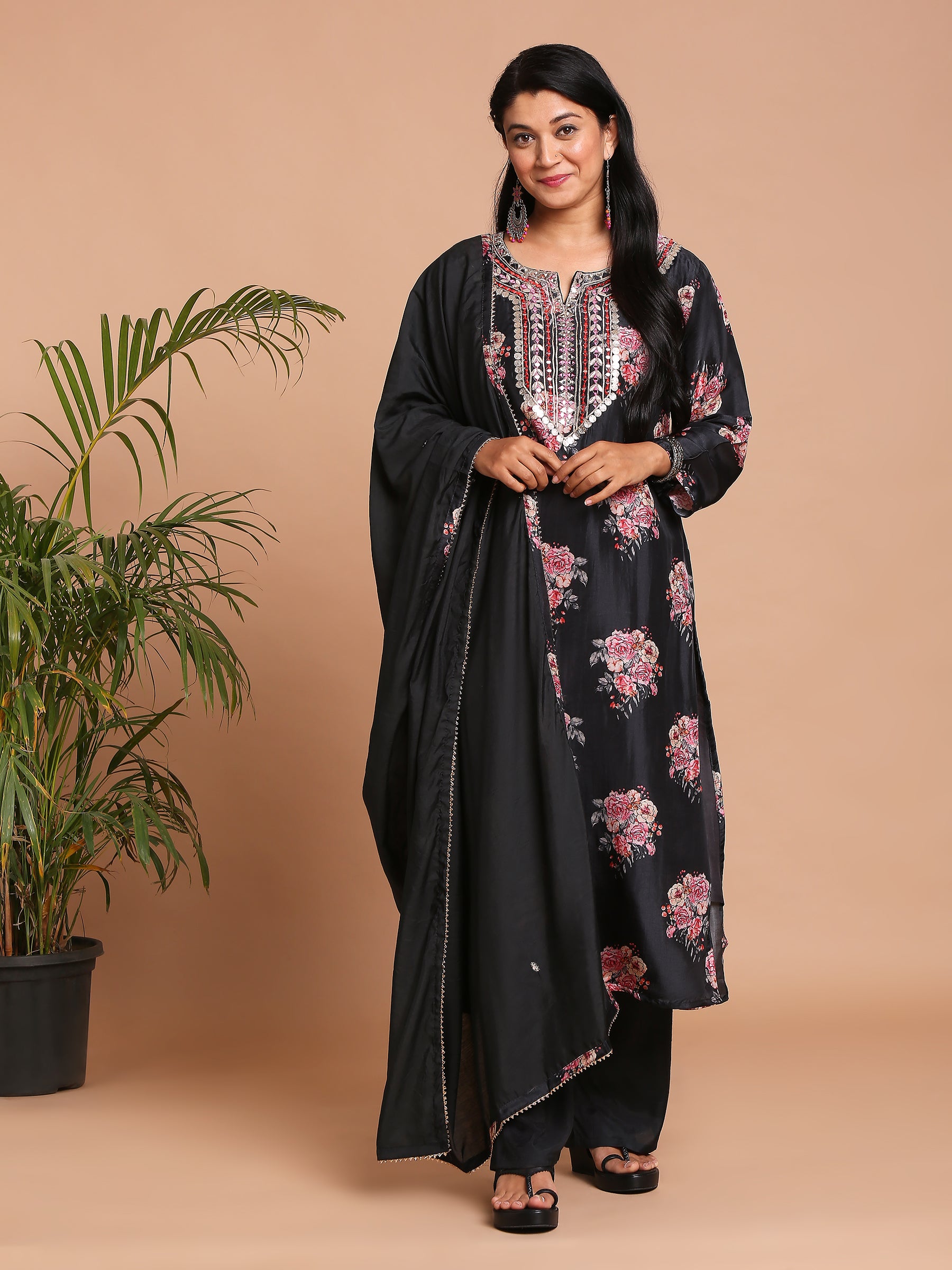 Black floral printed kurta with pants and dupatta